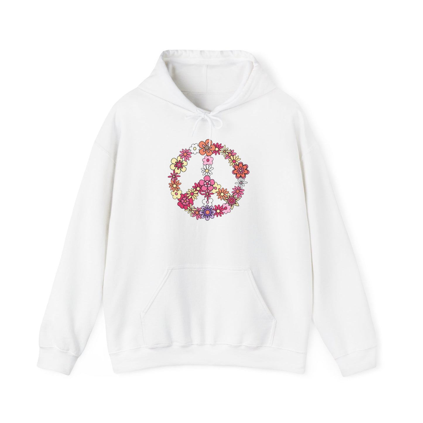 Unisex Heavy Blend™ Hooded Sweatshirt Adult/Teen Activewear Peace Sign Layered in Flowers Colors Black Yellow Pink Purple