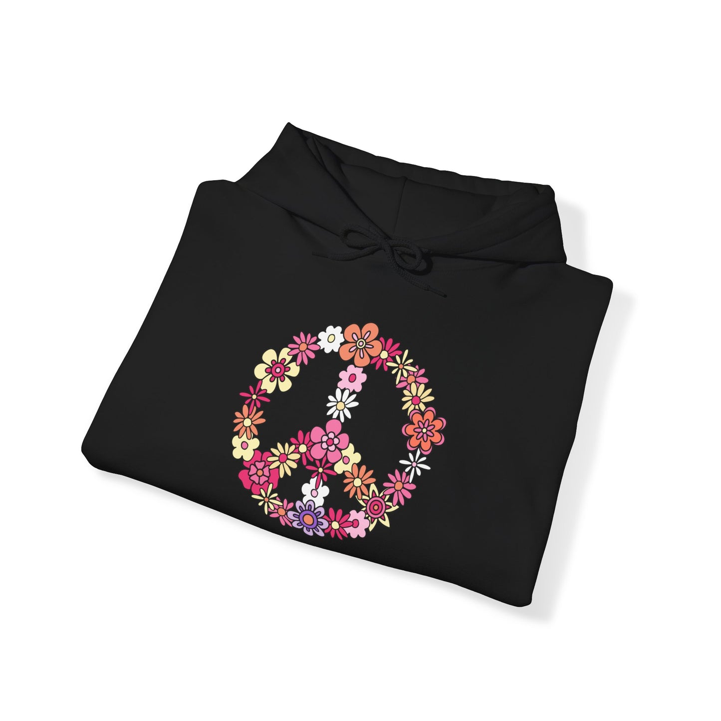 Unisex Heavy Blend™ Hooded Sweatshirt Adult/Teen Activewear Peace Sign Layered in Flowers Colors Black Yellow Pink Purple