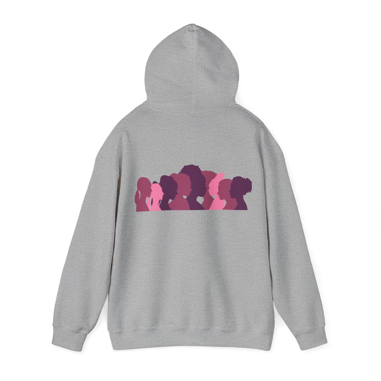 Unisex Heavy Blend™ Hooded Sweatshirt Adult/Teen Activewear Domestic Violence Awareness Purple Ribbon on Front Different Race Women Silhouette on Back Colors Pink and Purple