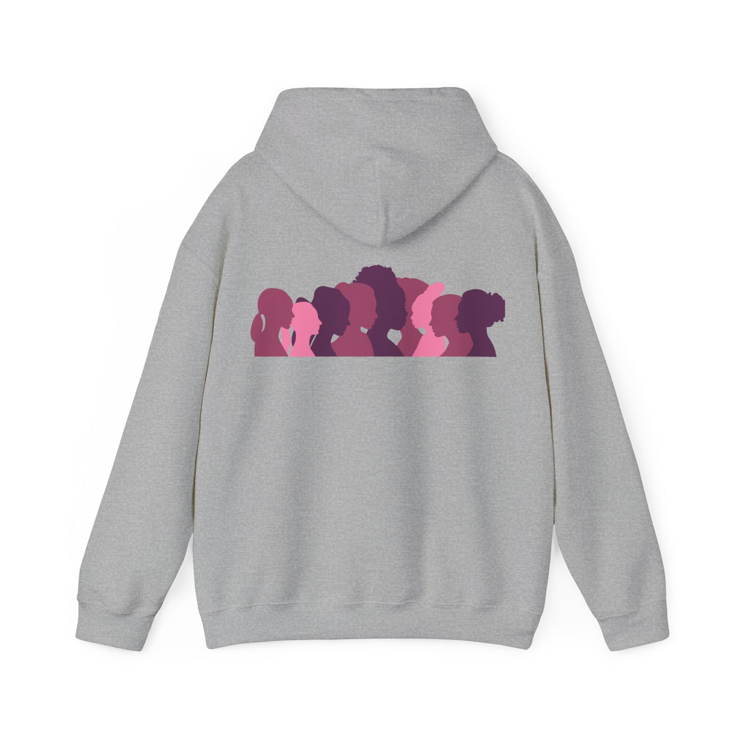 Unisex Heavy Blend™ Hooded Sweatshirt Adult/Teen Activewear Domestic Violence Awareness Purple Ribbon on Front Different Race Women Silhouette on Back Colors Pink and Purple