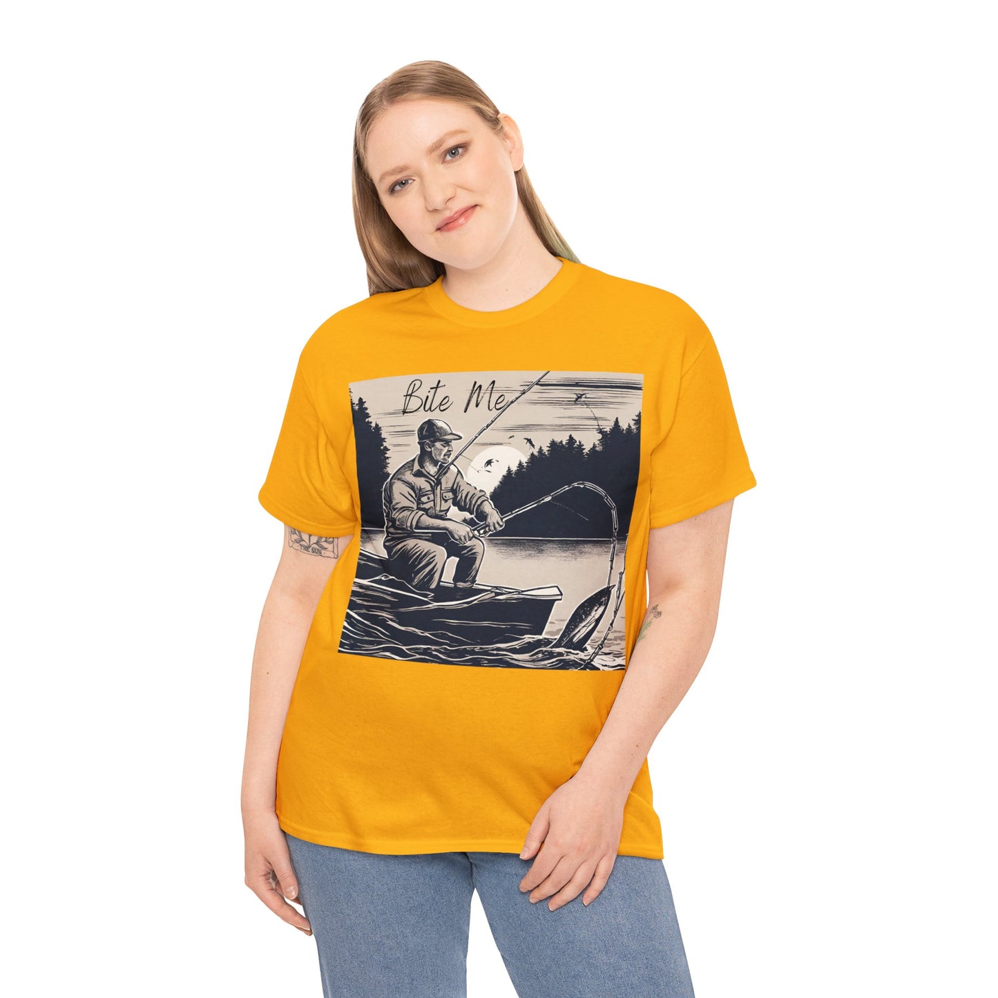 Unisex Heavy Cotton Tee Adult/Teen Activewear Bite Me with A Man Fishing Black Outline Shirt Comes in Many colors