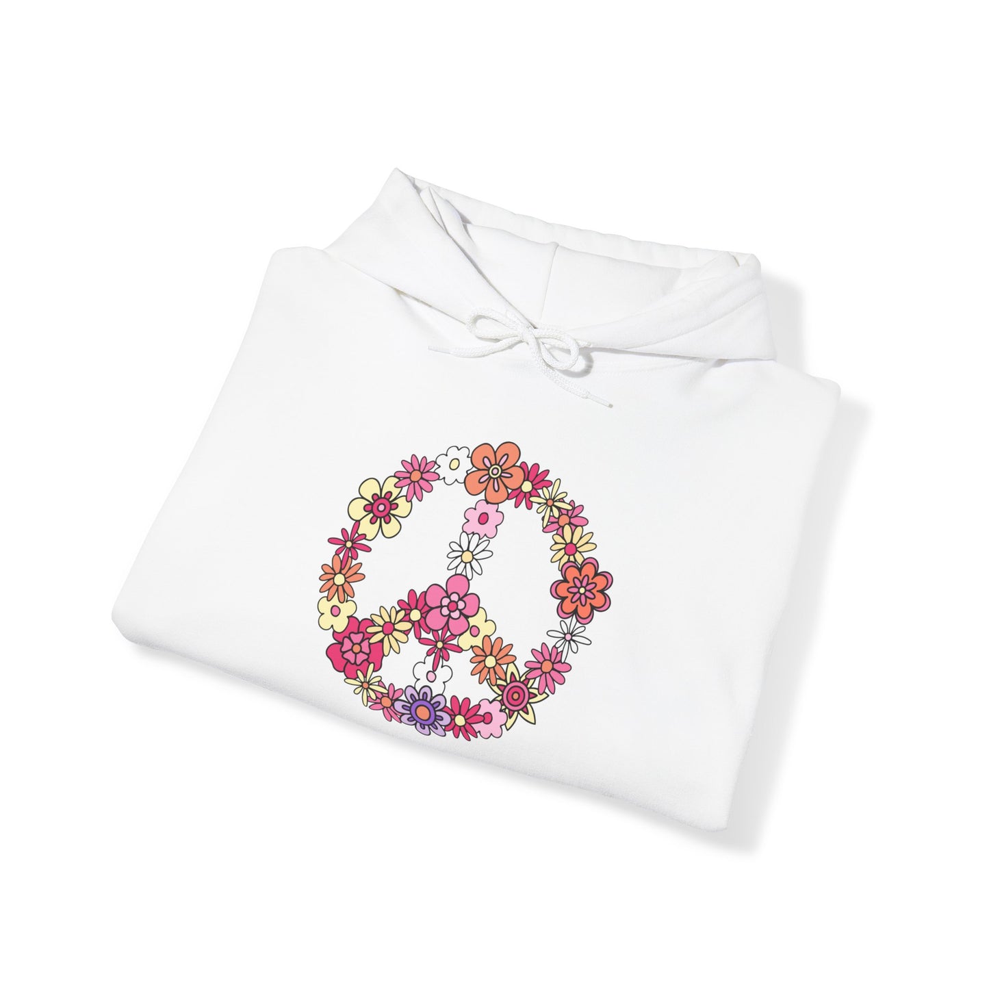 Unisex Heavy Blend™ Hooded Sweatshirt Adult/Teen Activewear Peace Sign Layered in Flowers Colors Black Yellow Pink Purple