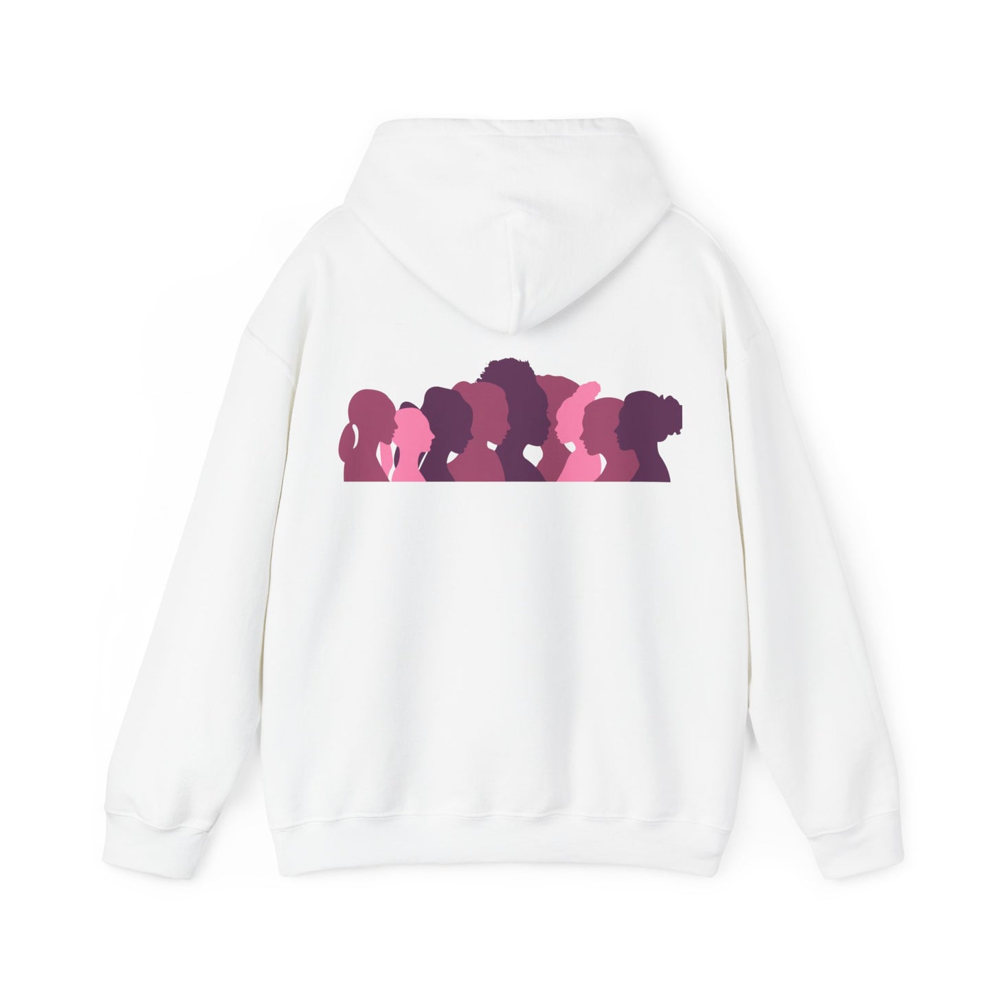 Unisex Heavy Blend™ Hooded Sweatshirt Adult/Teen Activewear Domestic Violence Awareness Purple Ribbon on Front Different Race Women Silhouette on Back Colors Pink and Purple