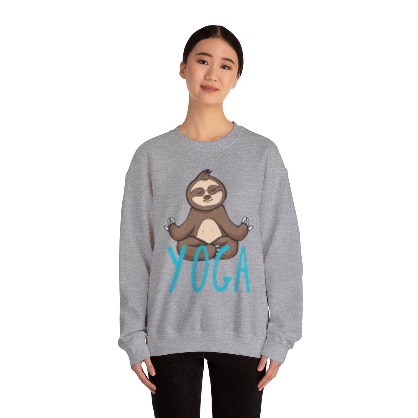Unisex Heavy Blend™ Crewneck Sweatshirt Adult/TEEN YOGA WITH A SLOTH IN TAN AND TEAL-BLUE WRITING ON FRONT