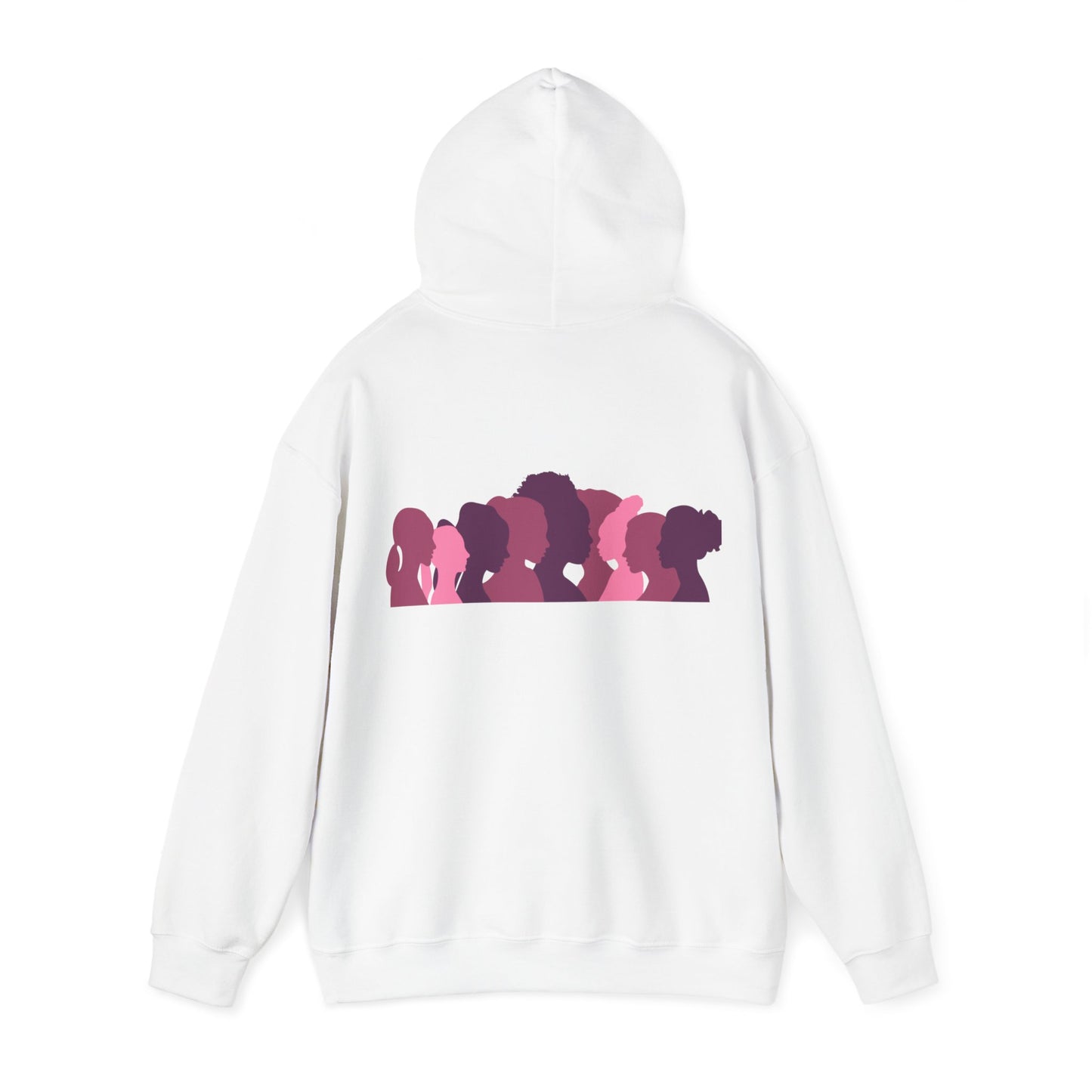 Unisex Heavy Blend™ Hooded Sweatshirt Adult/Teen Activewear Domestic Violence Awareness Purple Ribbon on Front Different Race Women Silhouette on Back Colors Pink and Purple
