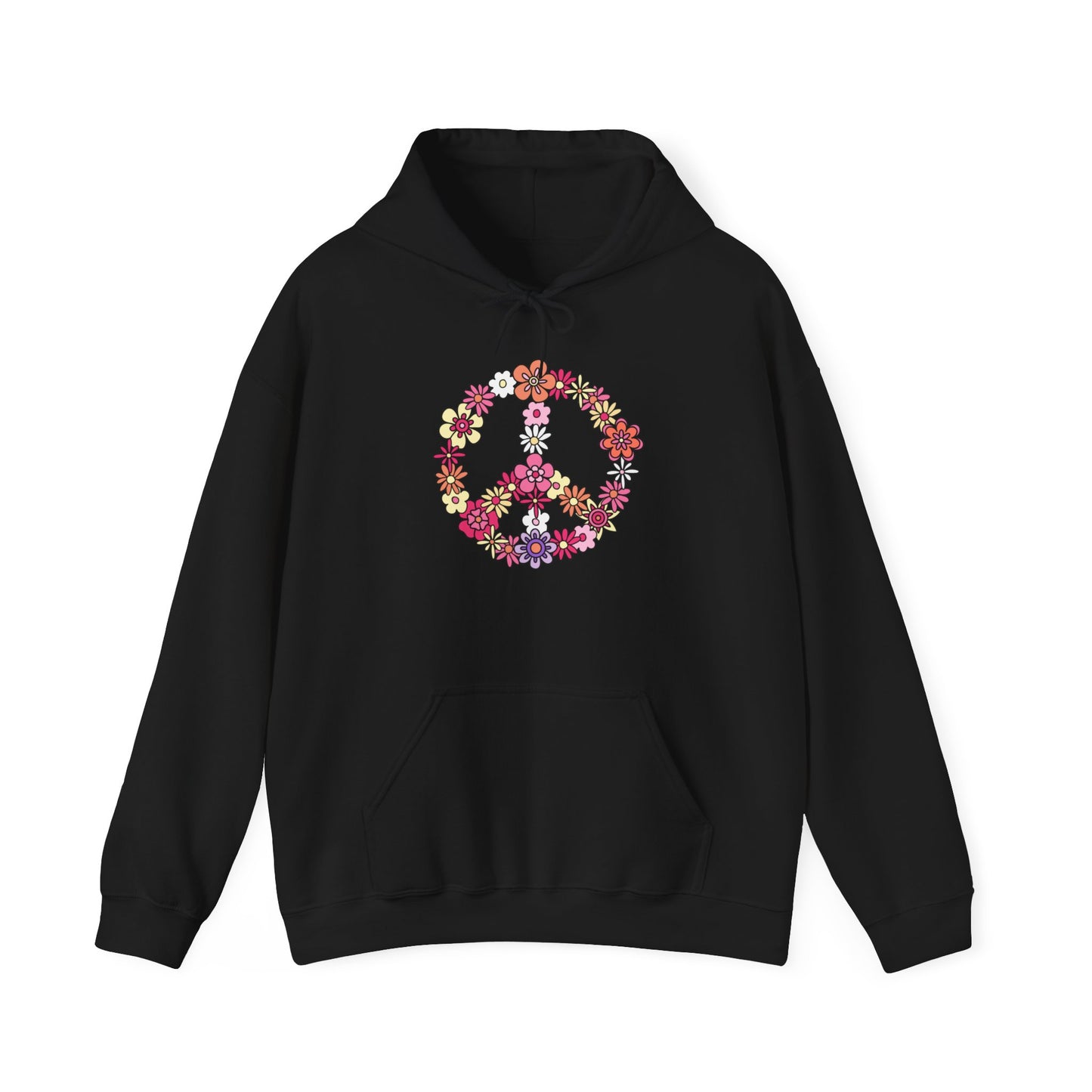 Unisex Heavy Blend™ Hooded Sweatshirt Adult/Teen Activewear Peace Sign Layered in Flowers Colors Black Yellow Pink Purple