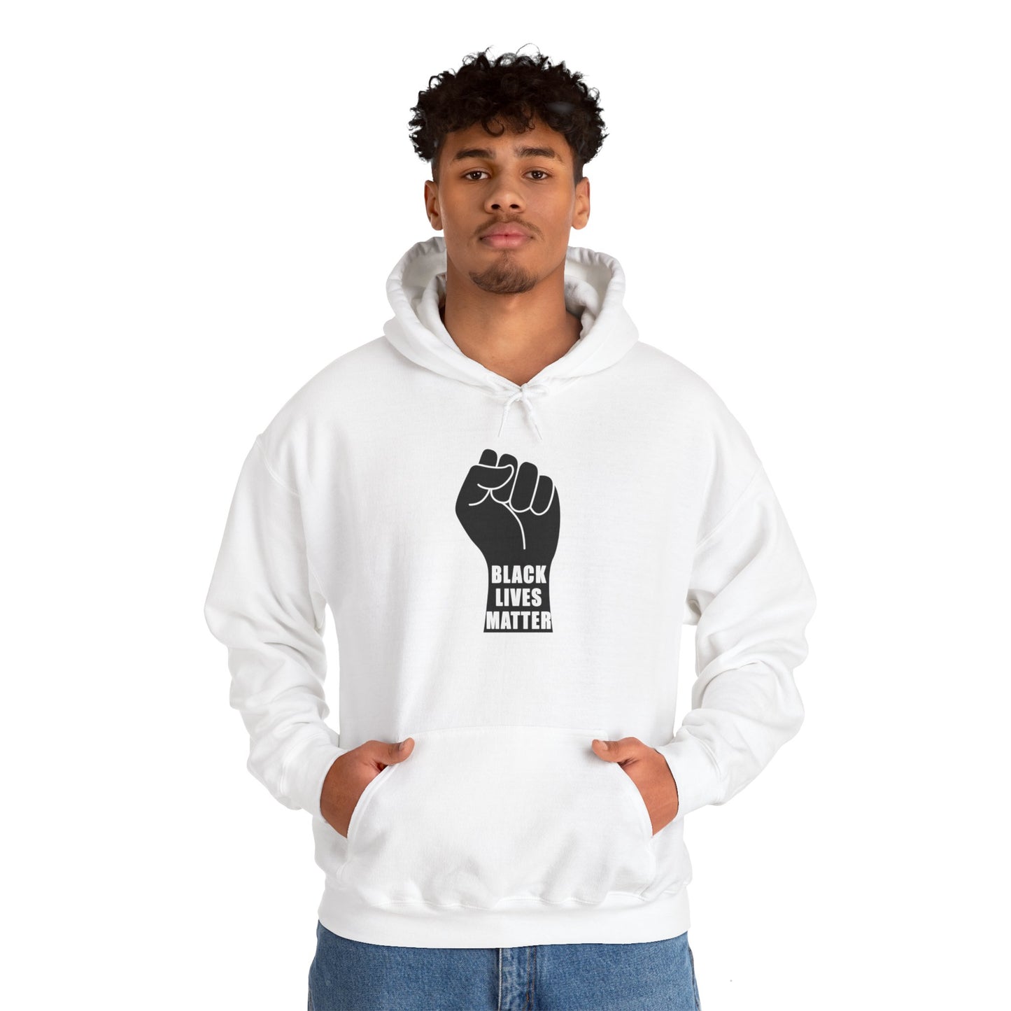 Unisex Heavy Blend™ Hooded Sweatshirt Adult/Teen Activewear Black Lives Matter in Black on Front African American Woman in Black wearing African Colors Red Yellow Green