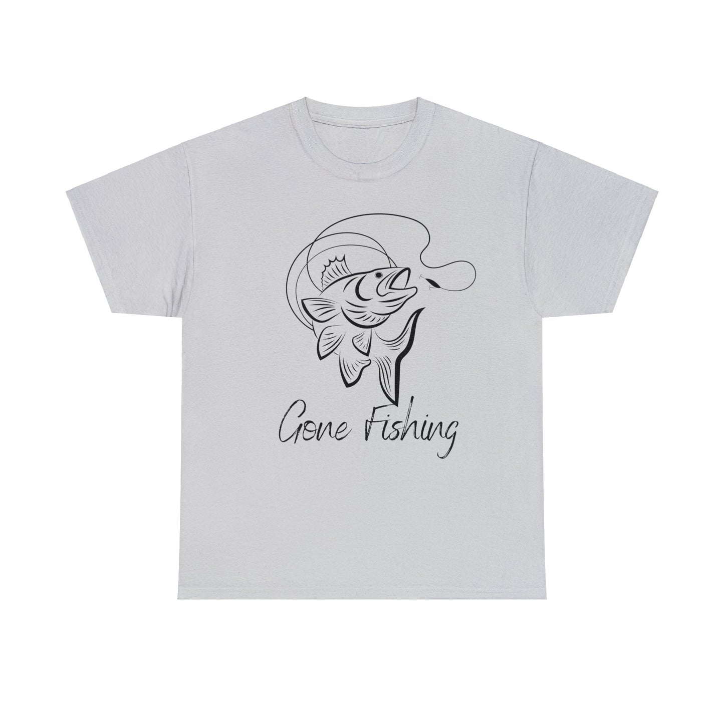 Unisex Heavy Cotton Tee Adult/Teen Gone Fishing w/ Image of Fish in Black Outline T-shirt Comes in Many Colors