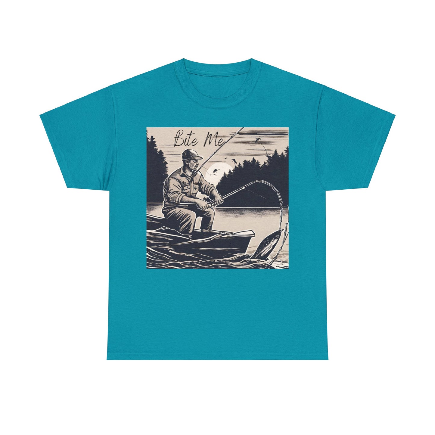 Unisex Heavy Cotton Tee Adult/Teen Activewear Bite Me with A Man Fishing Black Outline Shirt Comes in Many colors
