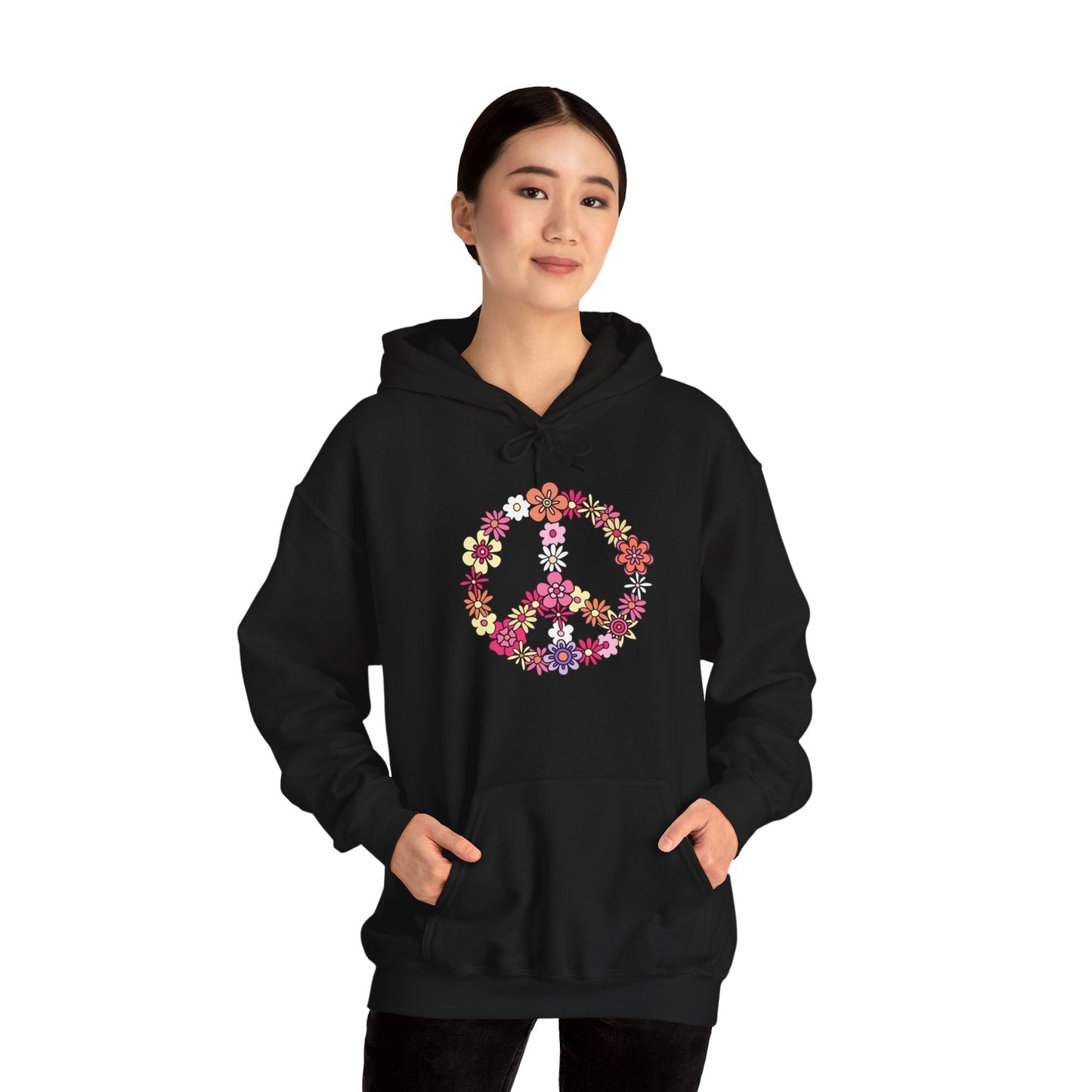 Unisex Heavy Blend™ Hooded Sweatshirt Adult/Teen Activewear Peace Sign Layered in Flowers Colors Black Yellow Pink Purple