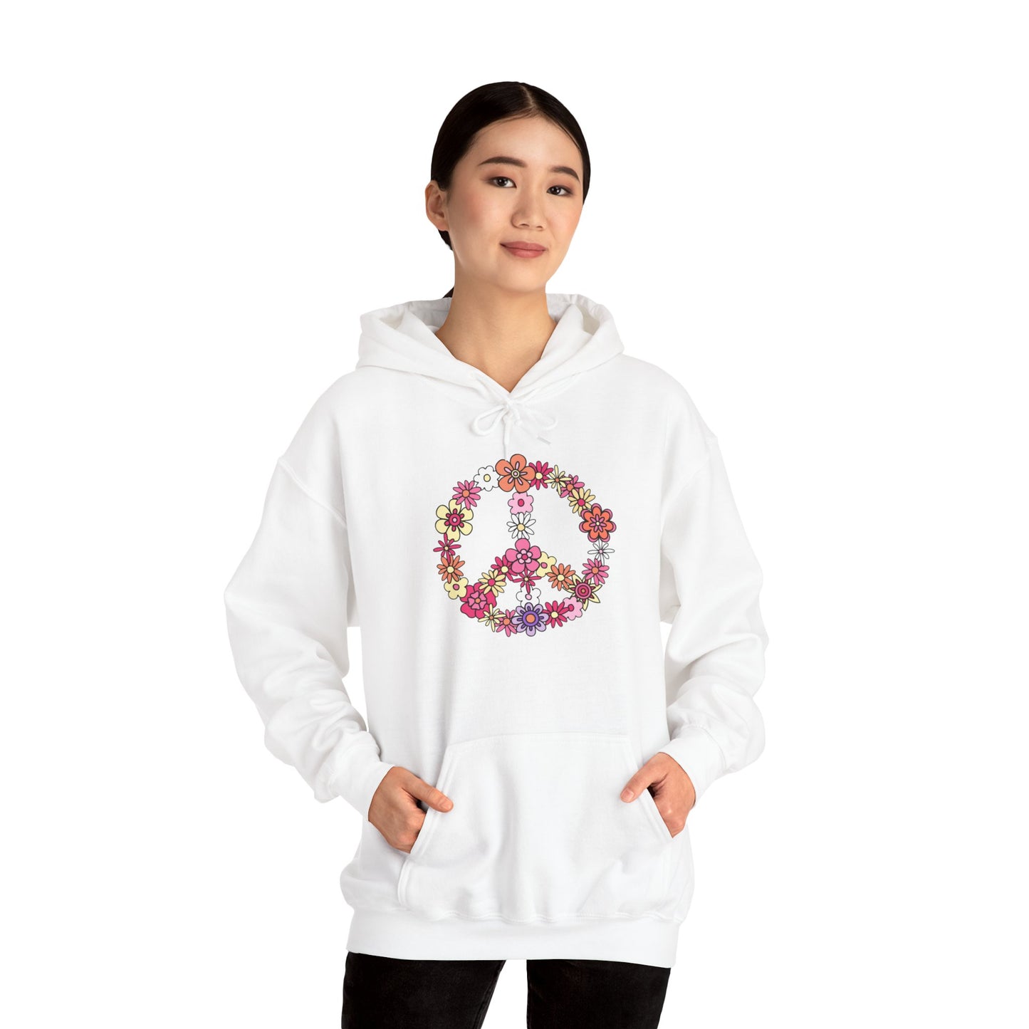 Unisex Heavy Blend™ Hooded Sweatshirt Adult/Teen Activewear Peace Sign Layered in Flowers Colors Black Yellow Pink Purple