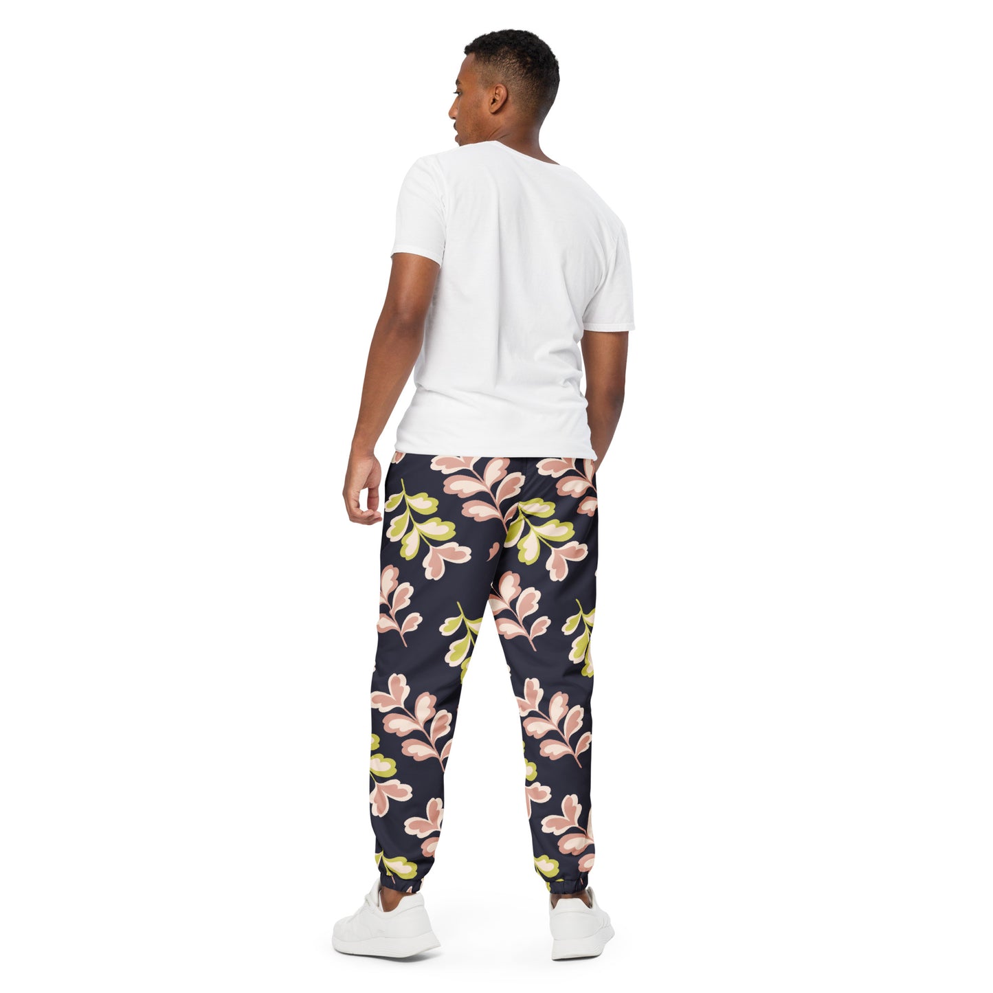 Unisex track pants Adult Activewear Navy Blue pink and Yellow Green Print