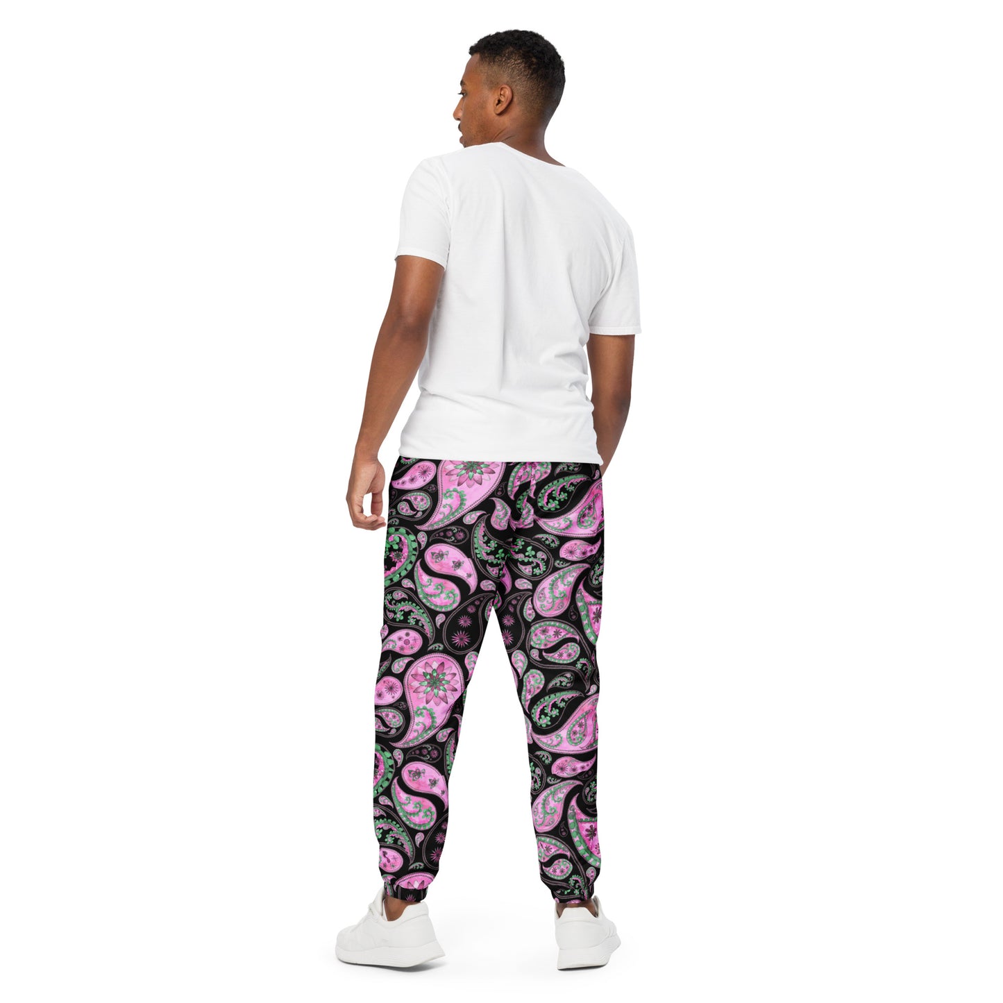 Unisex track pants Activewear Adult Pink Green Paisley Design