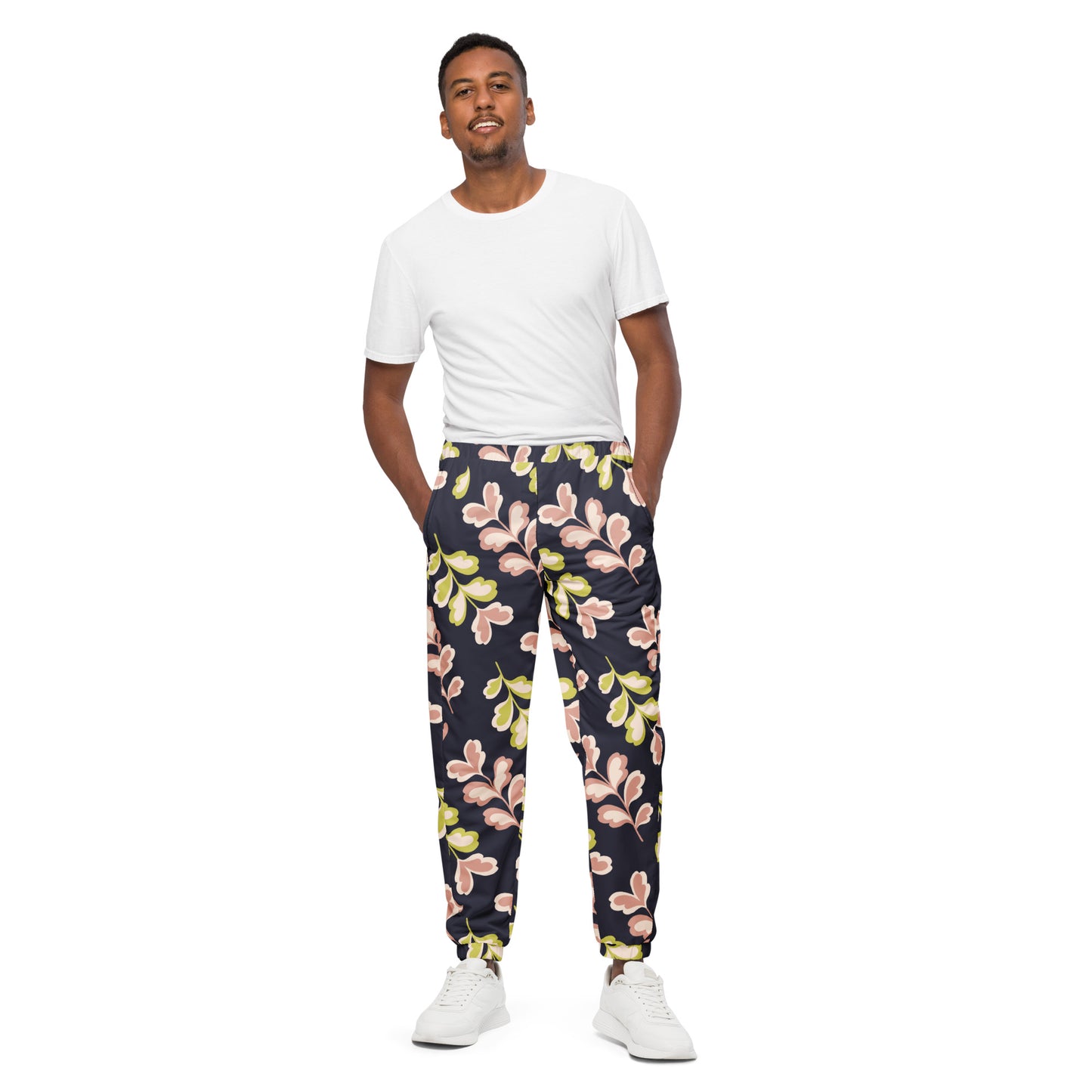 Unisex track pants Adult Activewear Navy Blue pink and Yellow Green Print