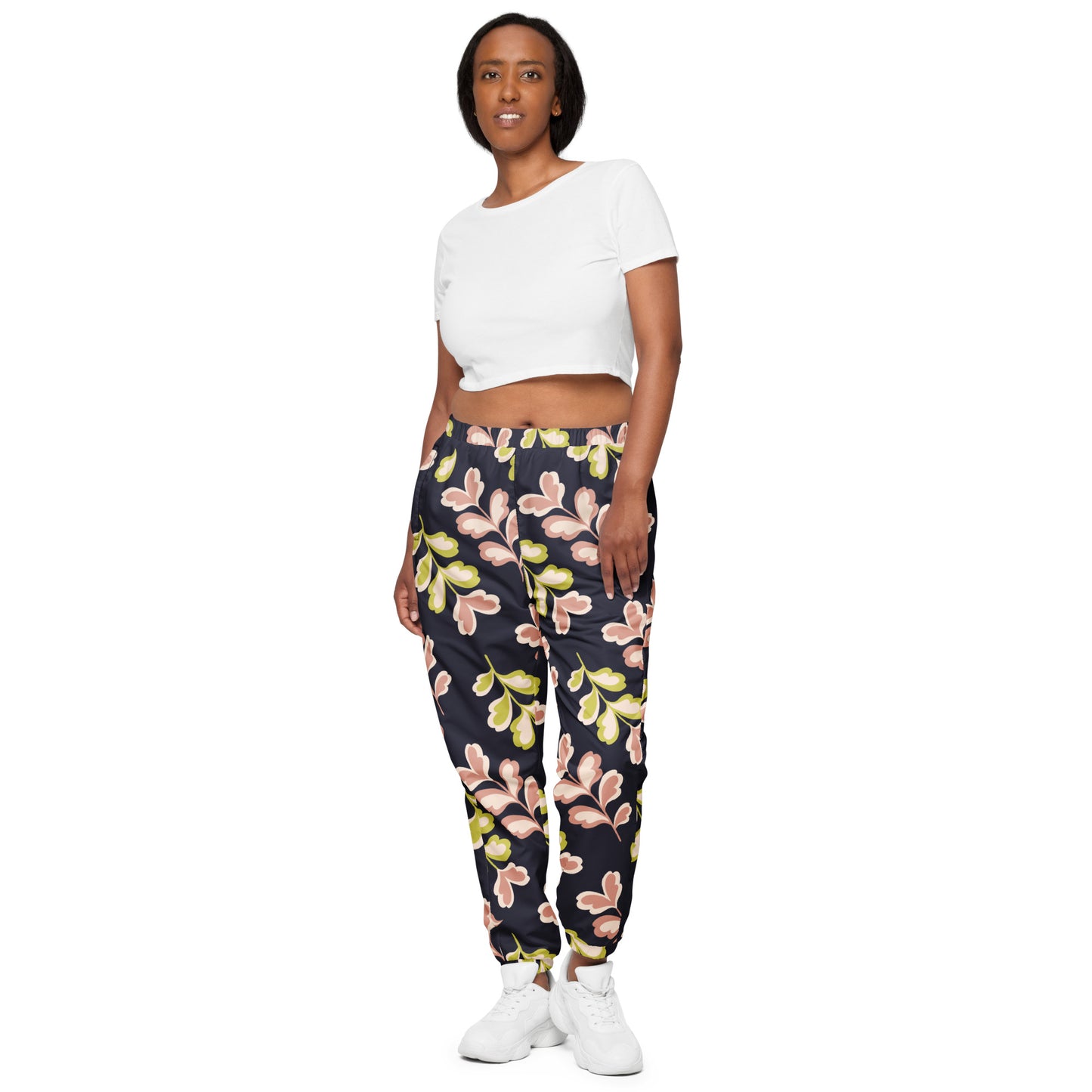 Unisex track pants Adult Activewear Navy Blue pink and Yellow Green Print