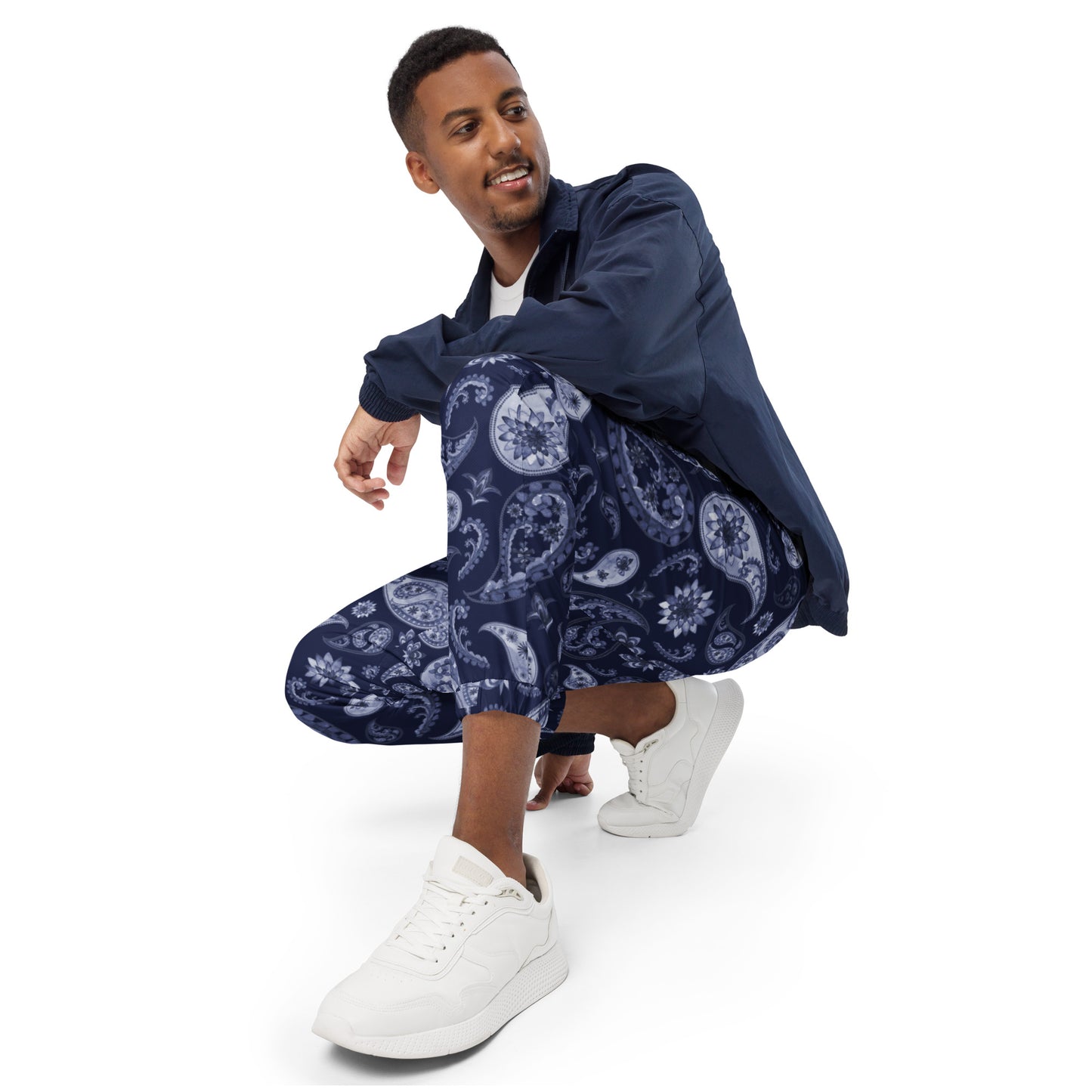 Unisex track pants Adult Activewear Navy Blue and Light Blue Paisley Design