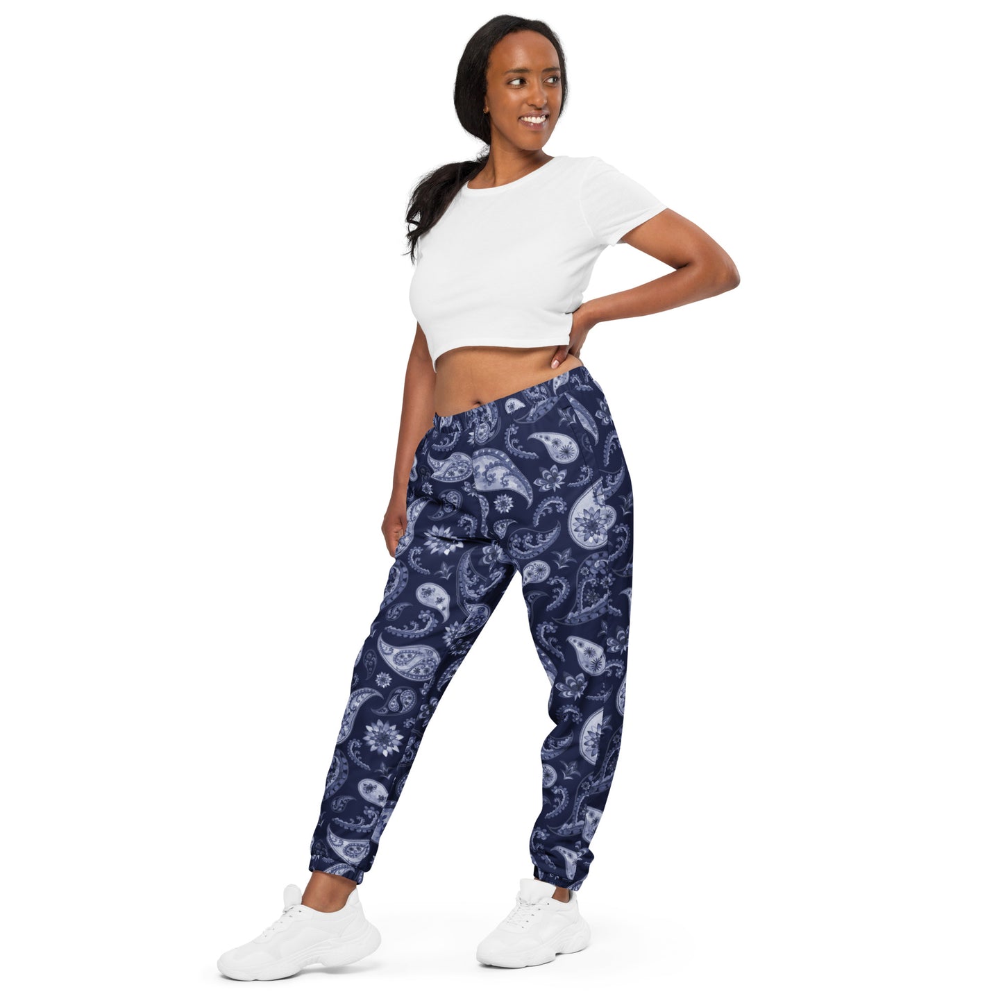Unisex track pants Adult Activewear Navy Blue and Light Blue Paisley Design