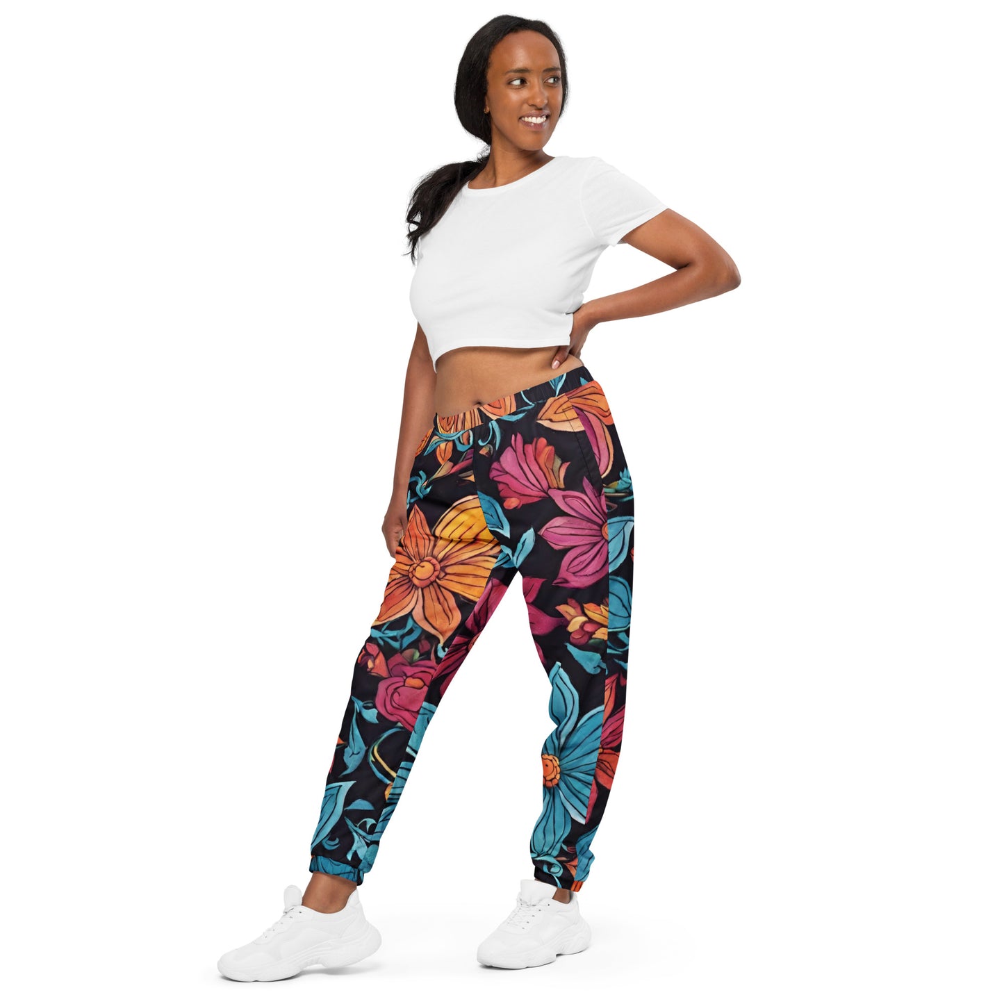 Unisex track pants Adult Activewear Hot Pink Teal-Blue Teal Yellow Flower Pattern