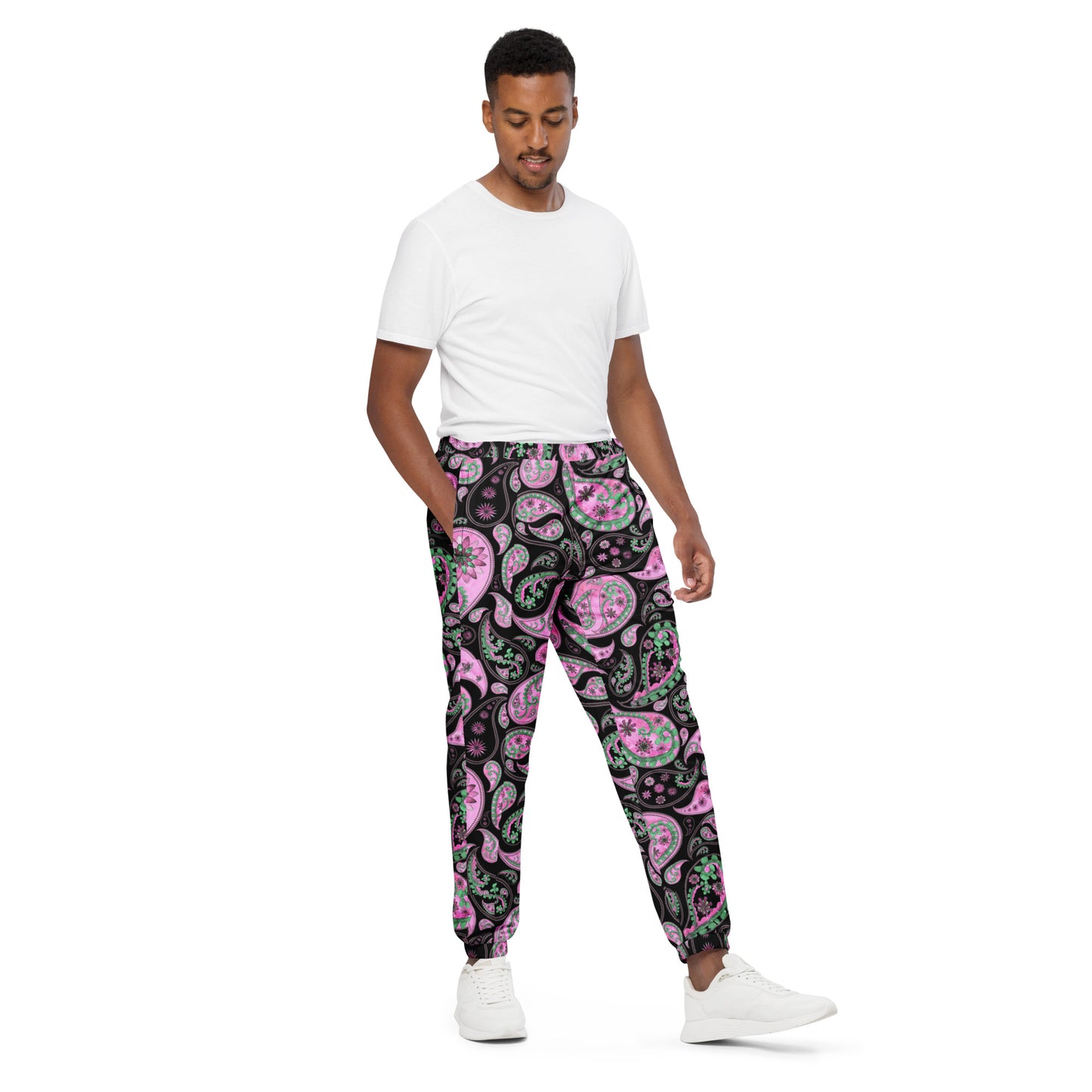 Unisex track pants Activewear Adult Pink Green Paisley Design