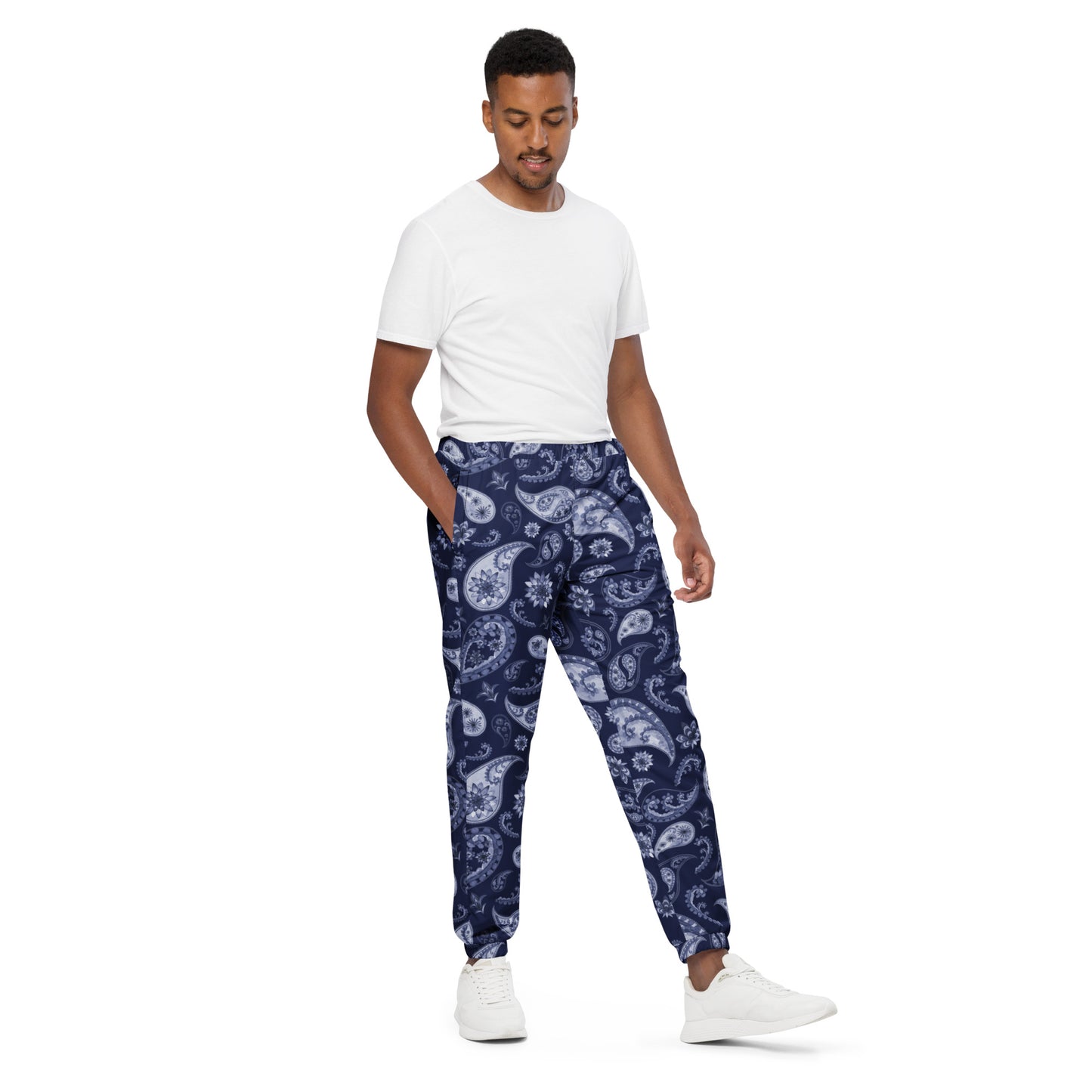 Unisex track pants Adult Activewear Navy Blue and Light Blue Paisley Design