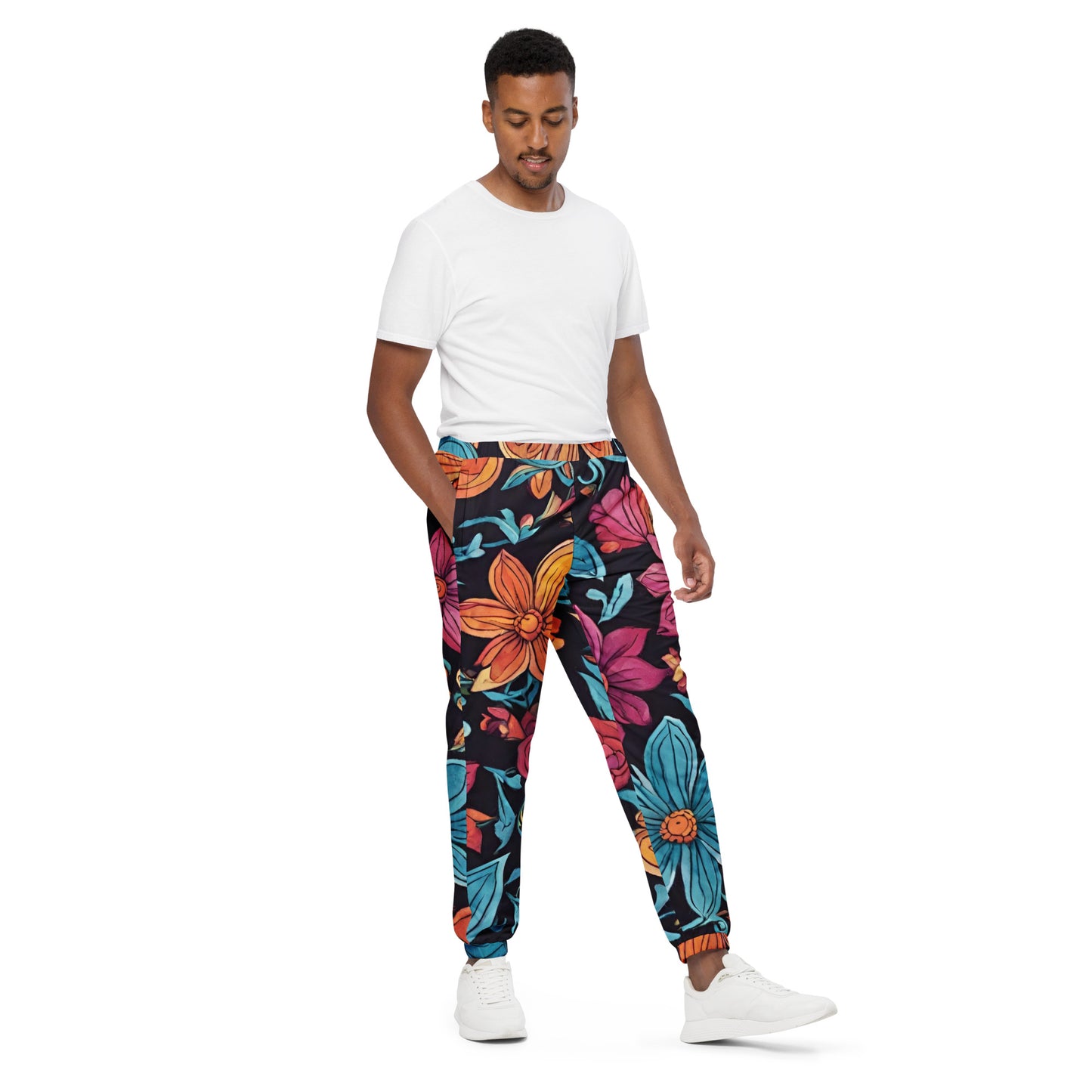 Unisex track pants Adult Activewear Hot Pink Teal-Blue Teal Yellow Flower Pattern