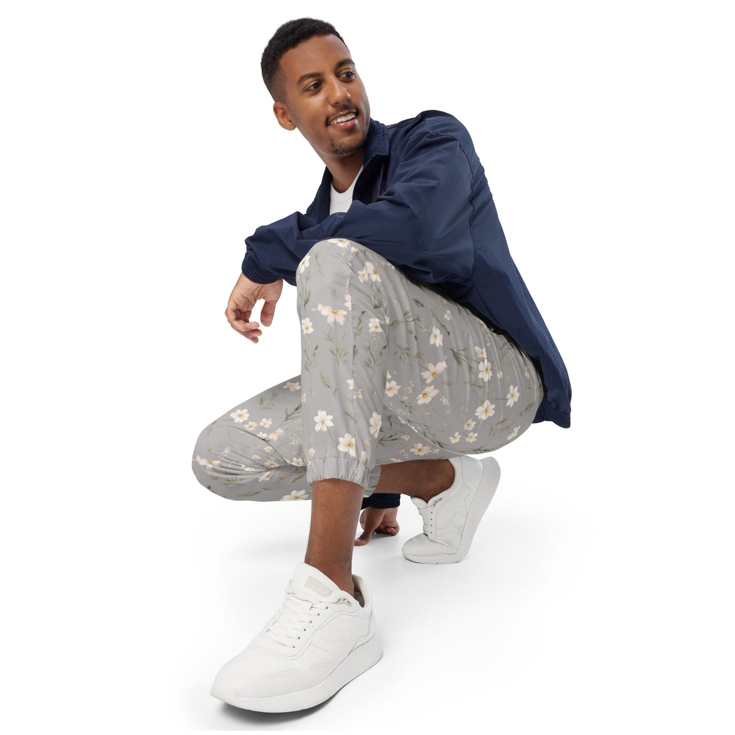 Unisex track pants Activewear Adult Tan and White flower pattern