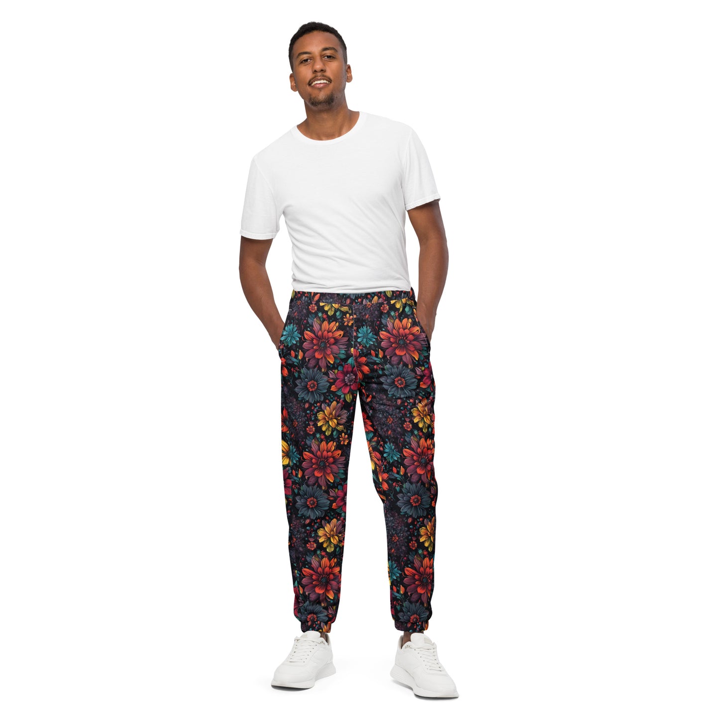 Unisex track pants Adult Activewear Blue Hot Pink Teal Green Flower Pattern