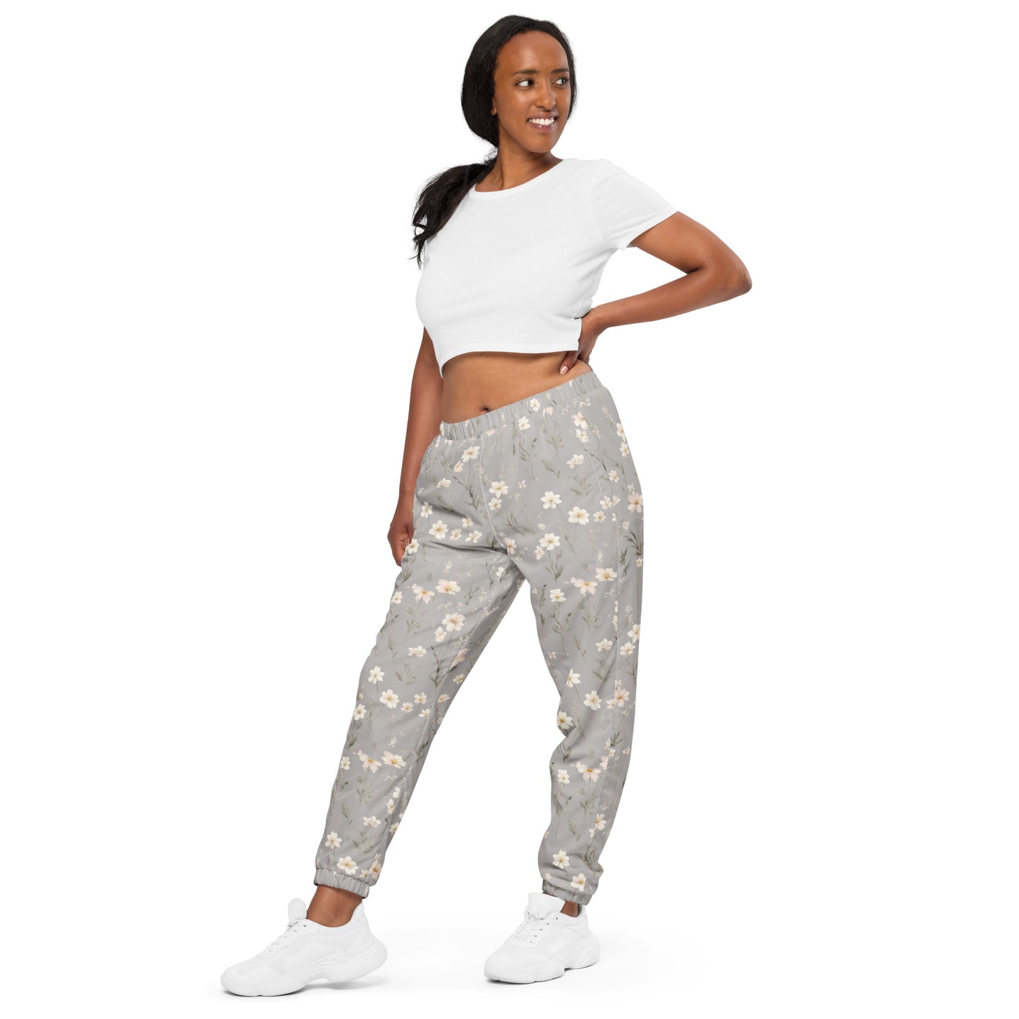 Unisex track pants Activewear Adult Tan and White flower pattern
