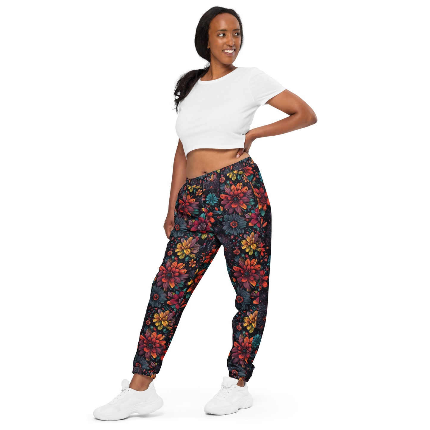Unisex track pants Adult Activewear Blue Hot Pink Teal Green Flower Pattern