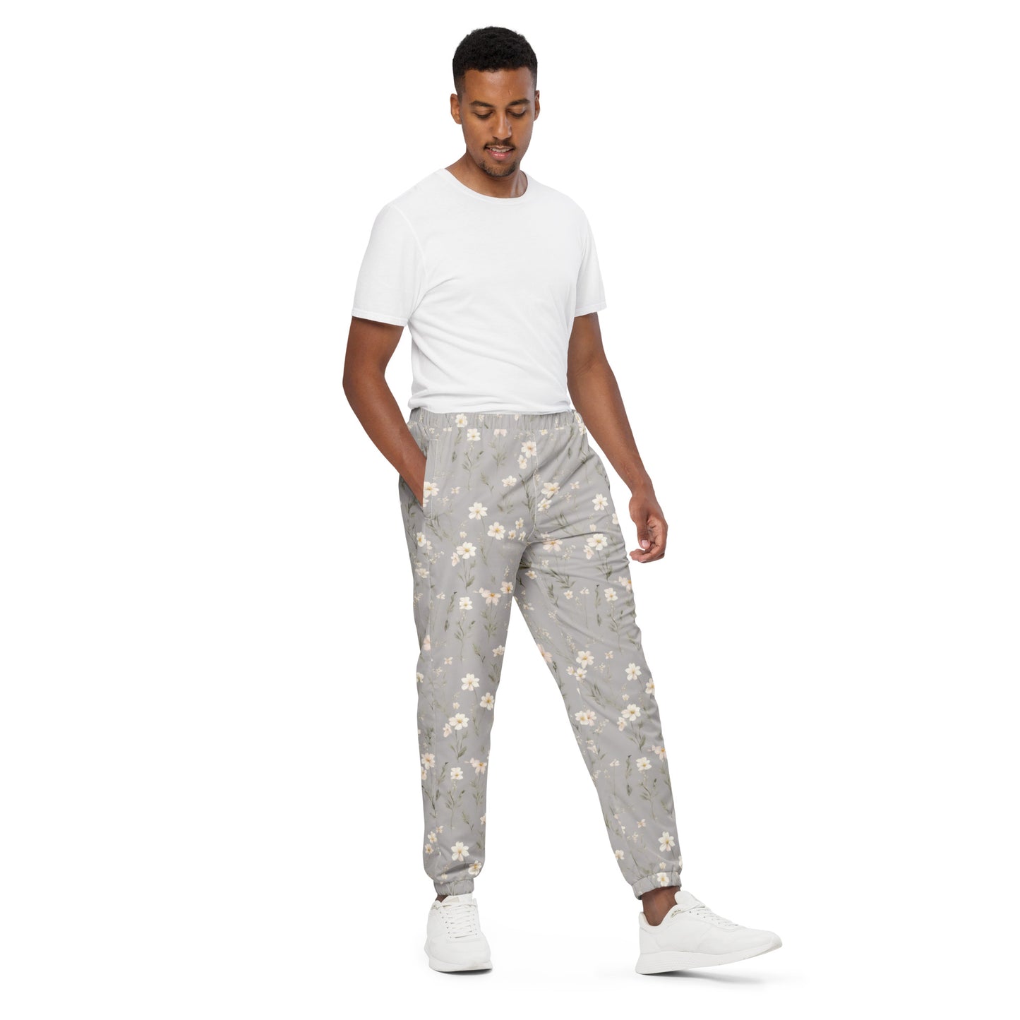Unisex track pants Activewear Adult Tan and White flower pattern
