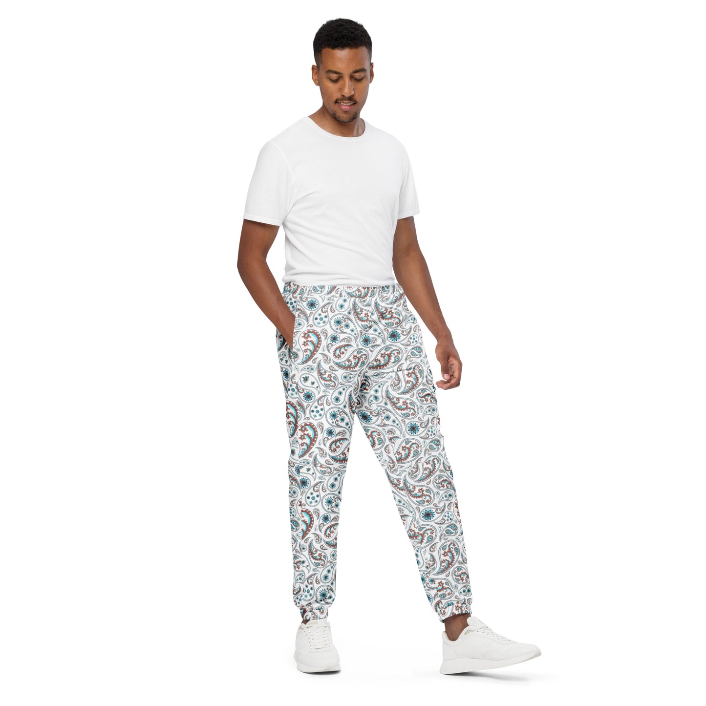 Unisex track pants Adult Activewear White Tan Paisley Design Pattern