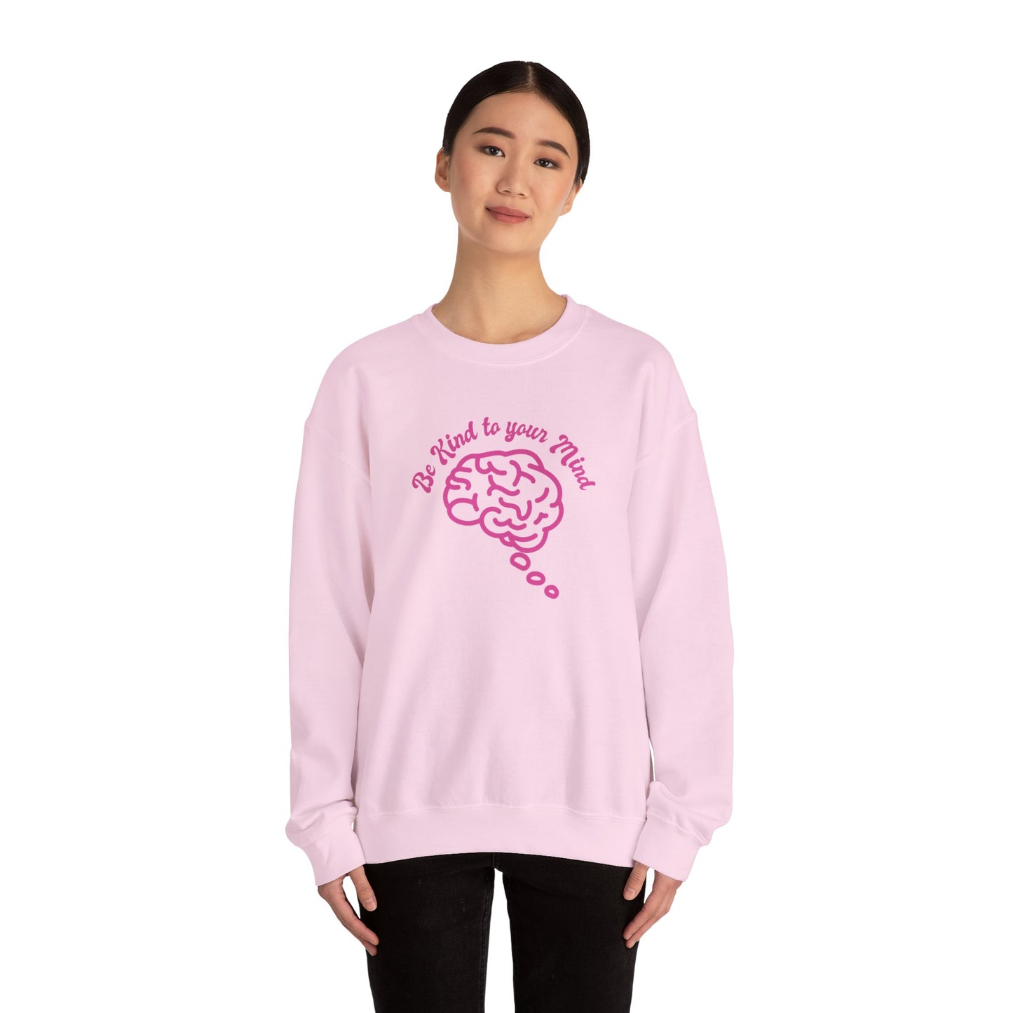 Unisex Heavy Blend™ Crewneck Sweatshirt Adult/Teen Activewear Be Kind To Your Mind in Pink with a Pink Brain