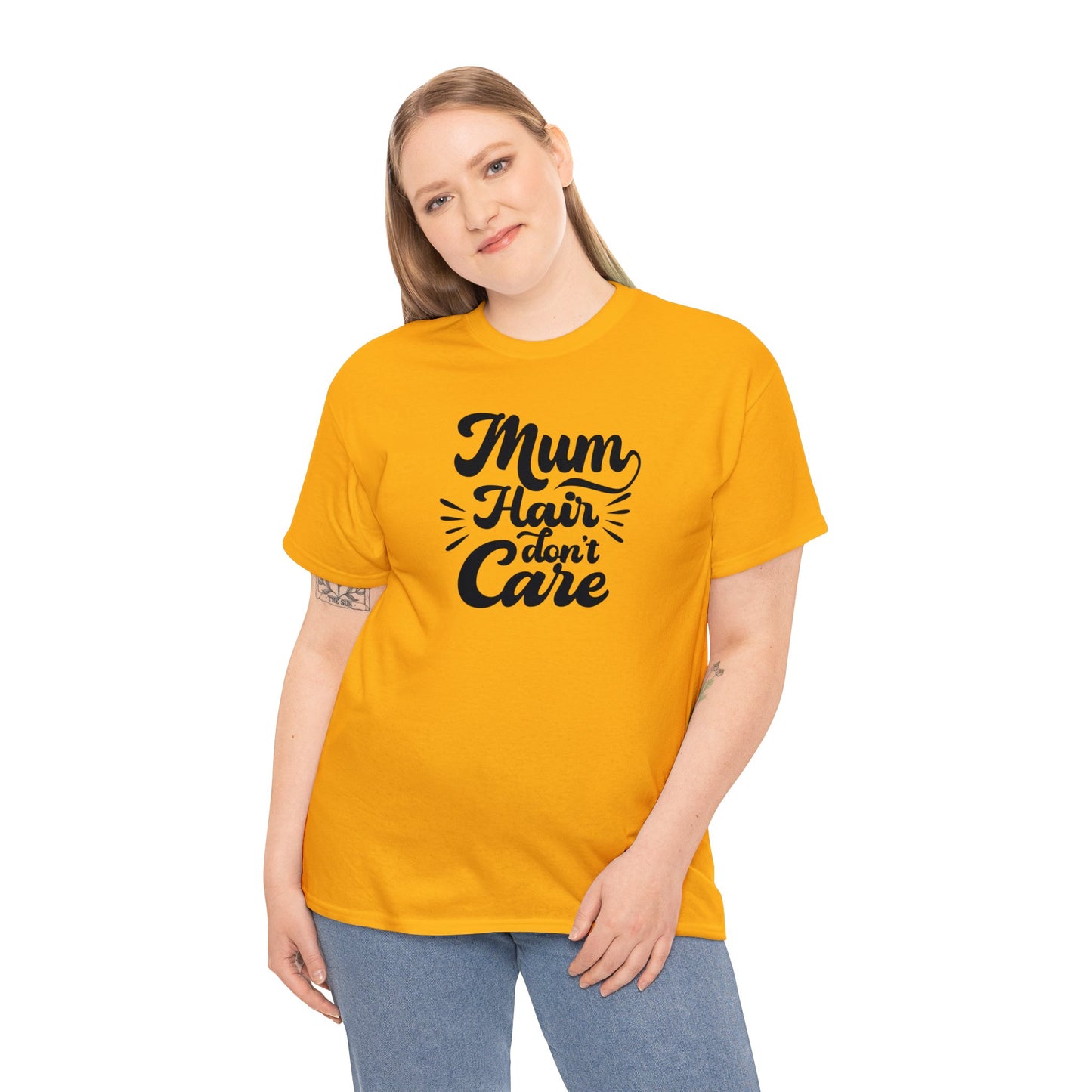 Unisex Heavy Cotton Tee Activewear Mom Hair Don't Care Black Writing