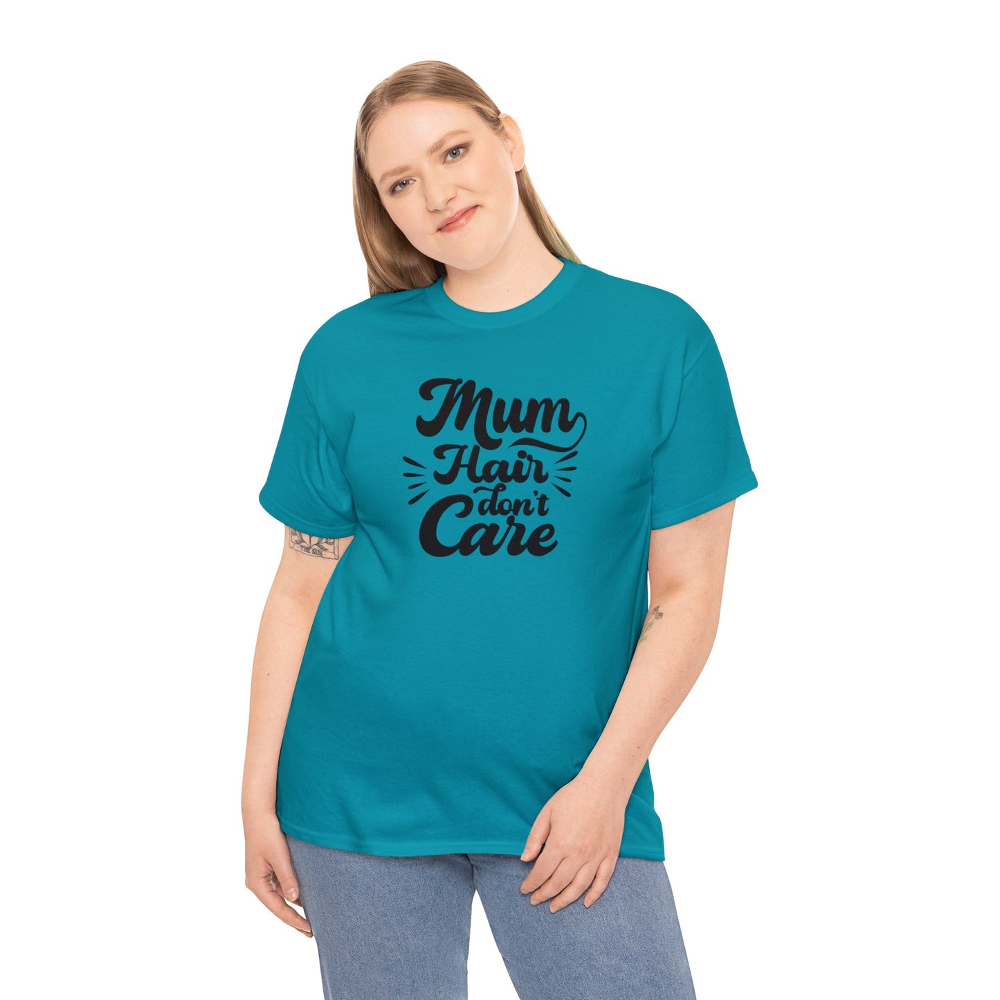 Unisex Heavy Cotton Tee Activewear Mom Hair Don't Care Black Writing