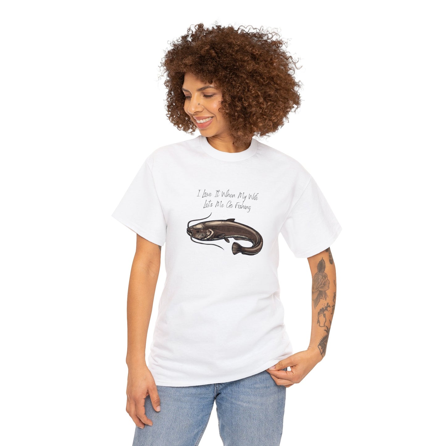 Unisex Heavy Cotton Tee Adult/Teen Activewear I Love It When My Wife Lets Me Go Fishing in Black with a Picture of a Catfish T-shirt is Available in Many Colors