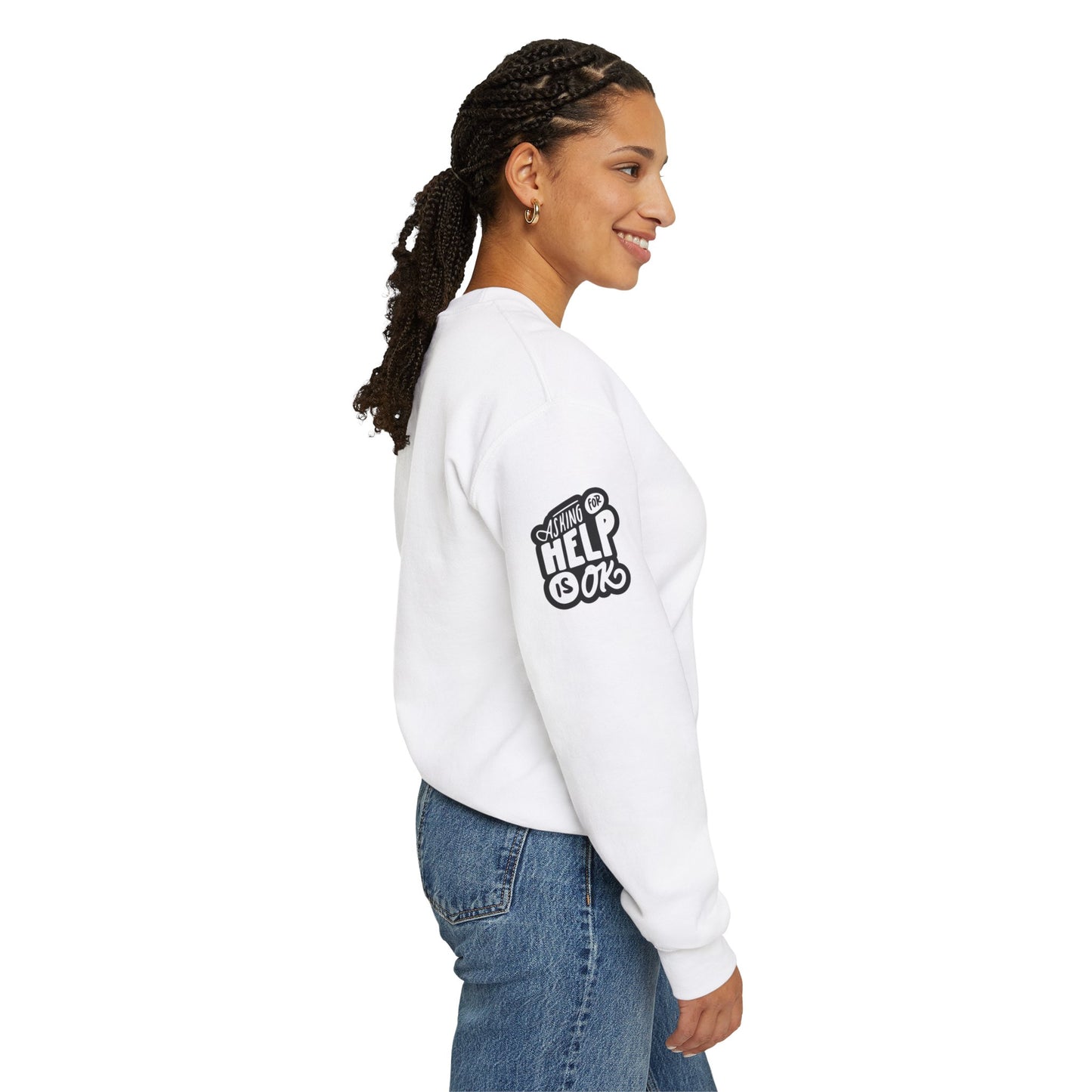 Unisex Heavy Blend™ Crewneck Sweatshirt Adult/Teen Activewear Mental Health Awareness Ribbon on Front Asking for Help Is OK on Right Sleeve