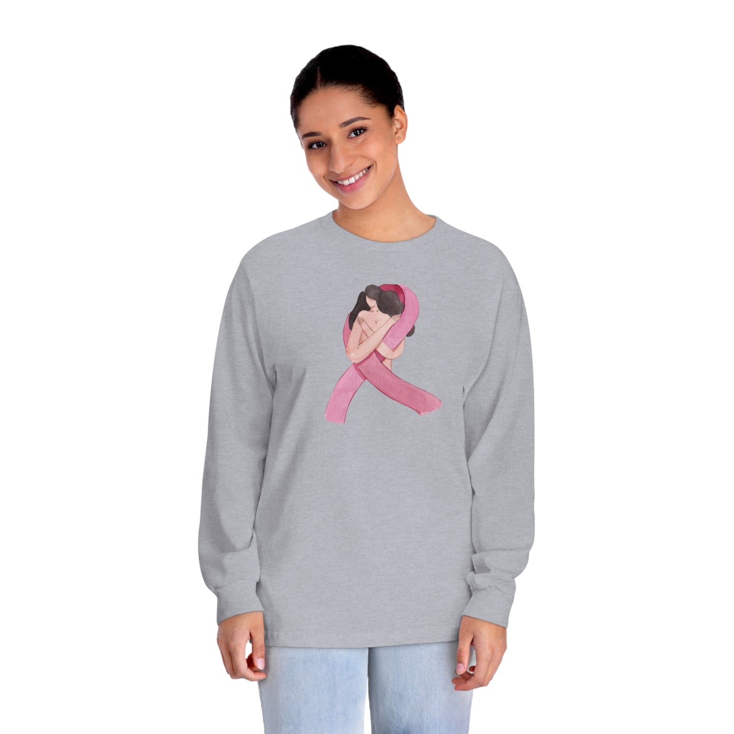 Unisex Classic Long Sleeve T-Shirt Adult Activewear Pink Ribbon with Woman for Breast Cancer Awareness