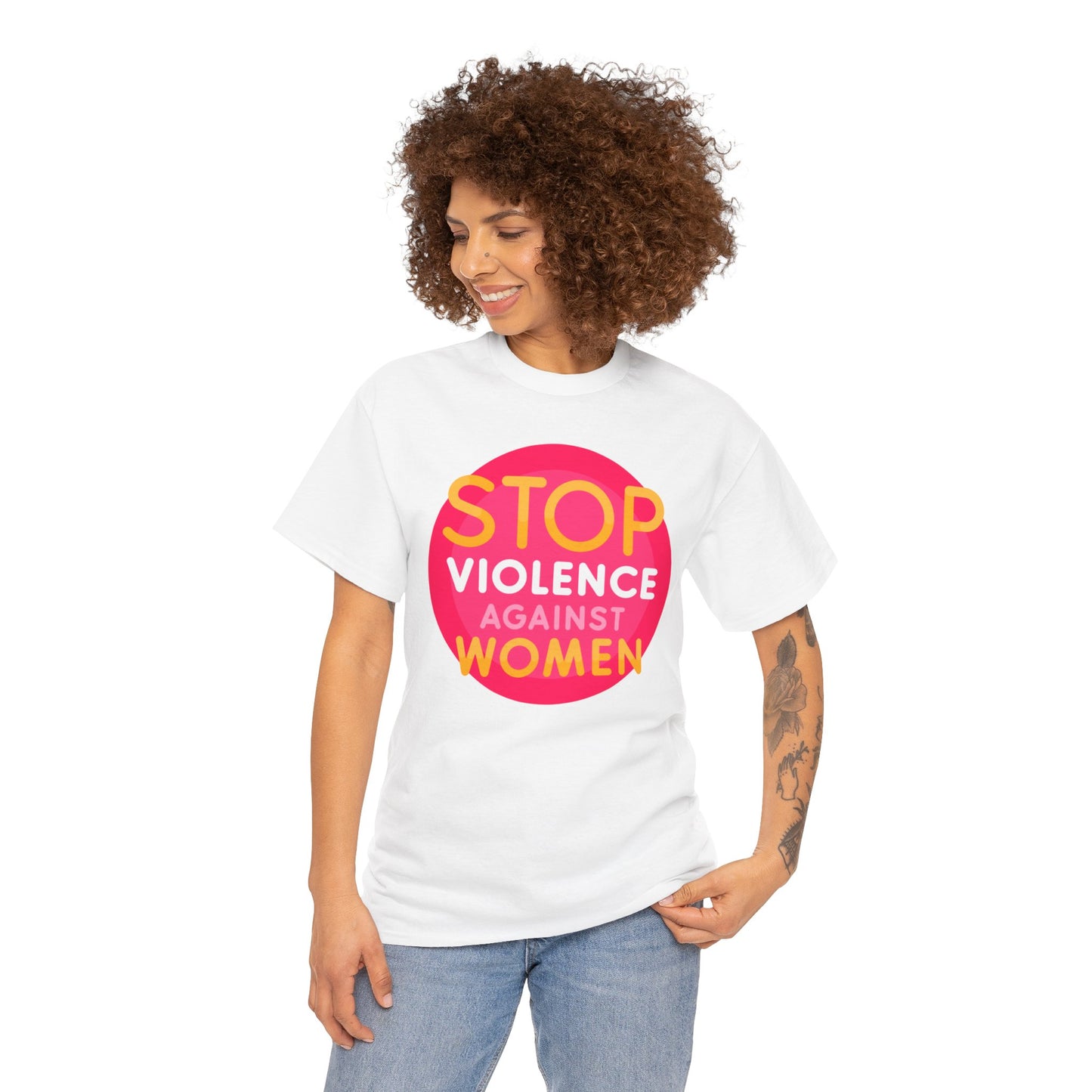 Unisex Heavy Cotton Tee Adult/teen Activewear Stop Violence Against Women Colors Yellow And Pink Writing