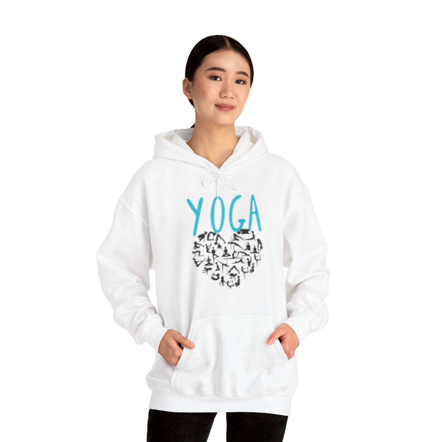 Unisex Heavy Blend™ Hooded Sweatshirt ADULT/TEEN ACTIVEWEAR YOGA IN TEAL-BLUE WRITING W/ YOGA POSES IN HEART SHAPE BLACK