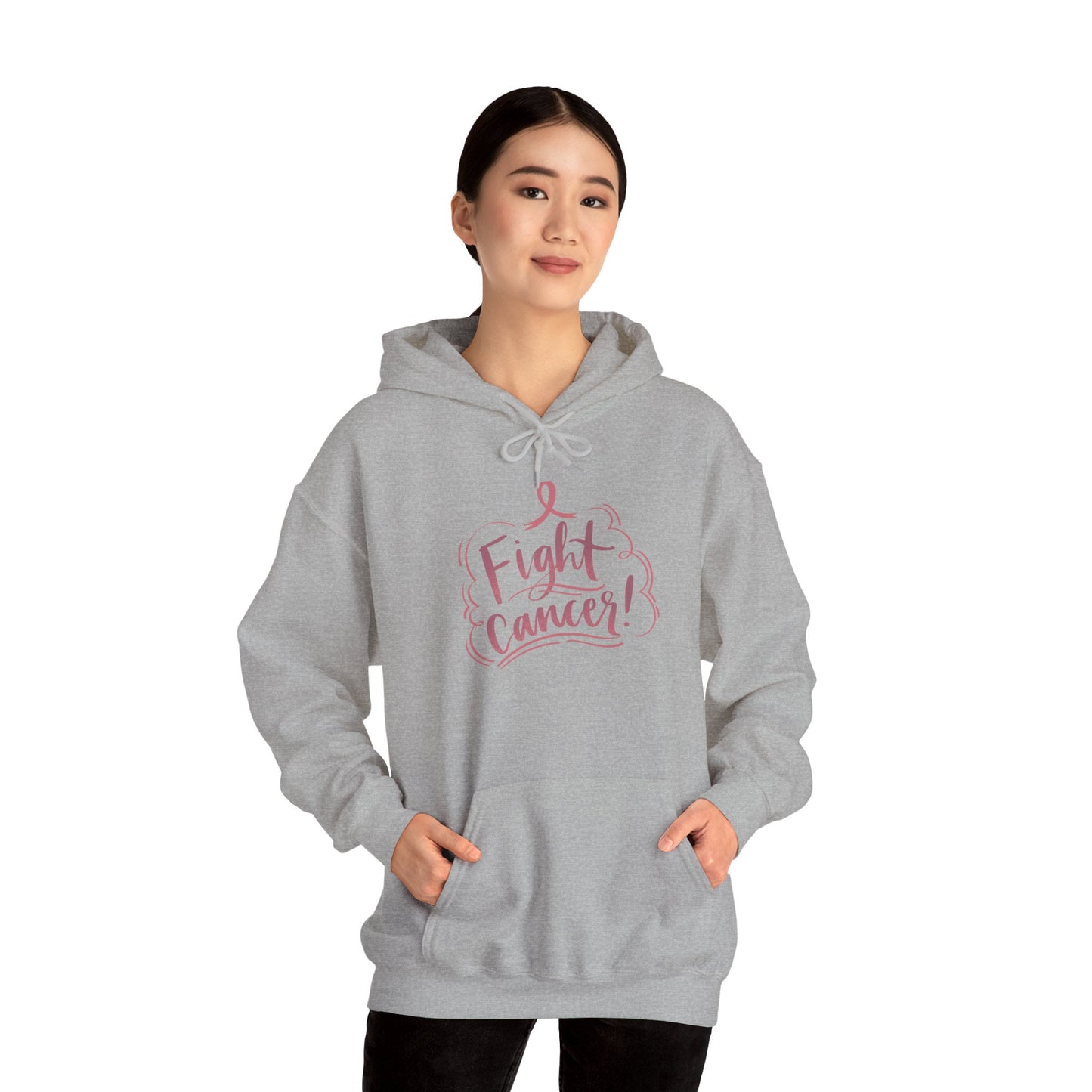 Unisex Heavy Blend™ Hooded Sweatshirt Adult/Teen Activewear fight Cancer Awareness in Pink Writing with Pink Ribbon