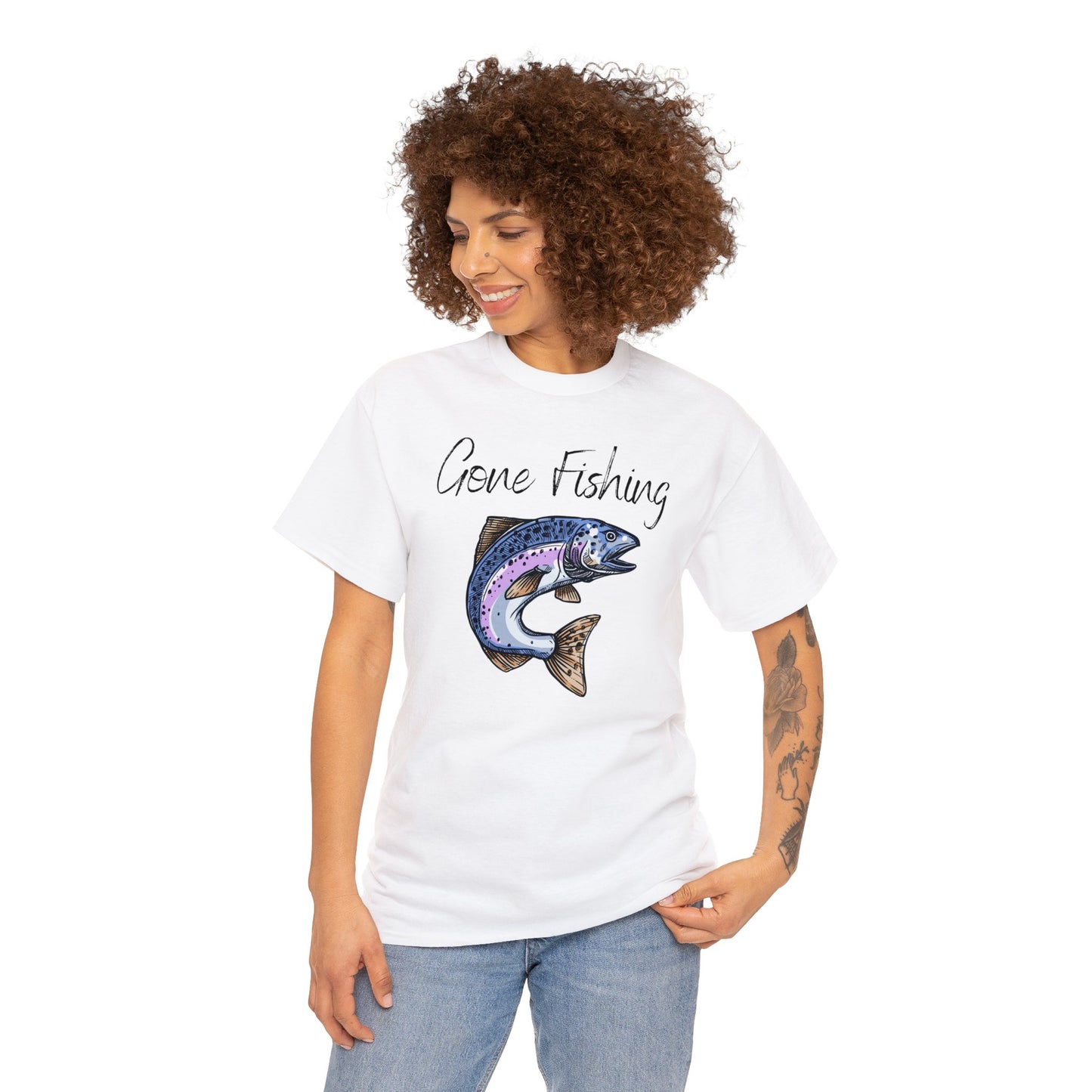 Unisex Heavy Cotton Tee Adult/Teen Activewear Gone Fishing W/ Image of Bass Fish T-shirt Comes in Many Colors