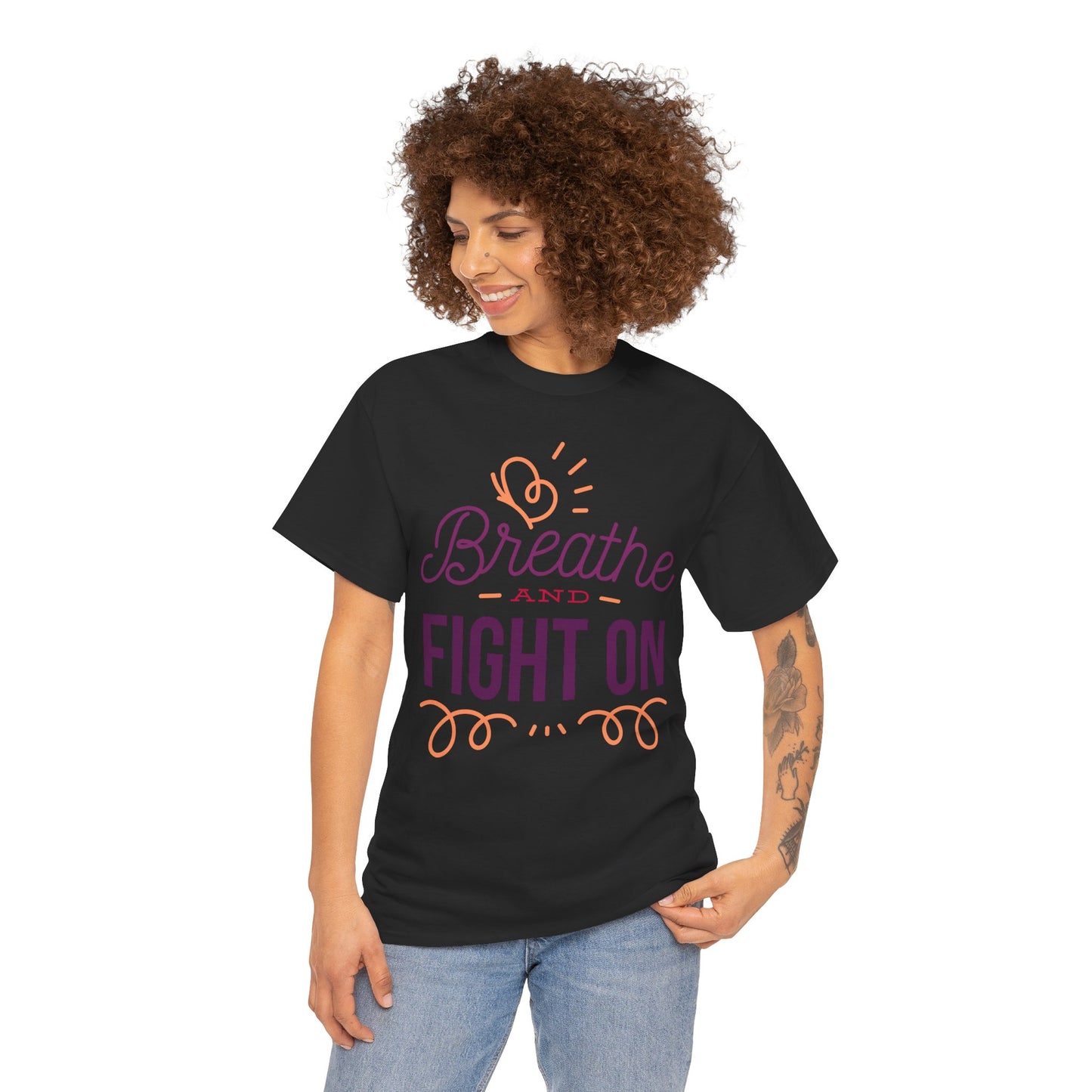 Unisex Heavy Cotton Tee Adult/Teen Activewear Breathe and Live On Colors Peach and Purple Writing