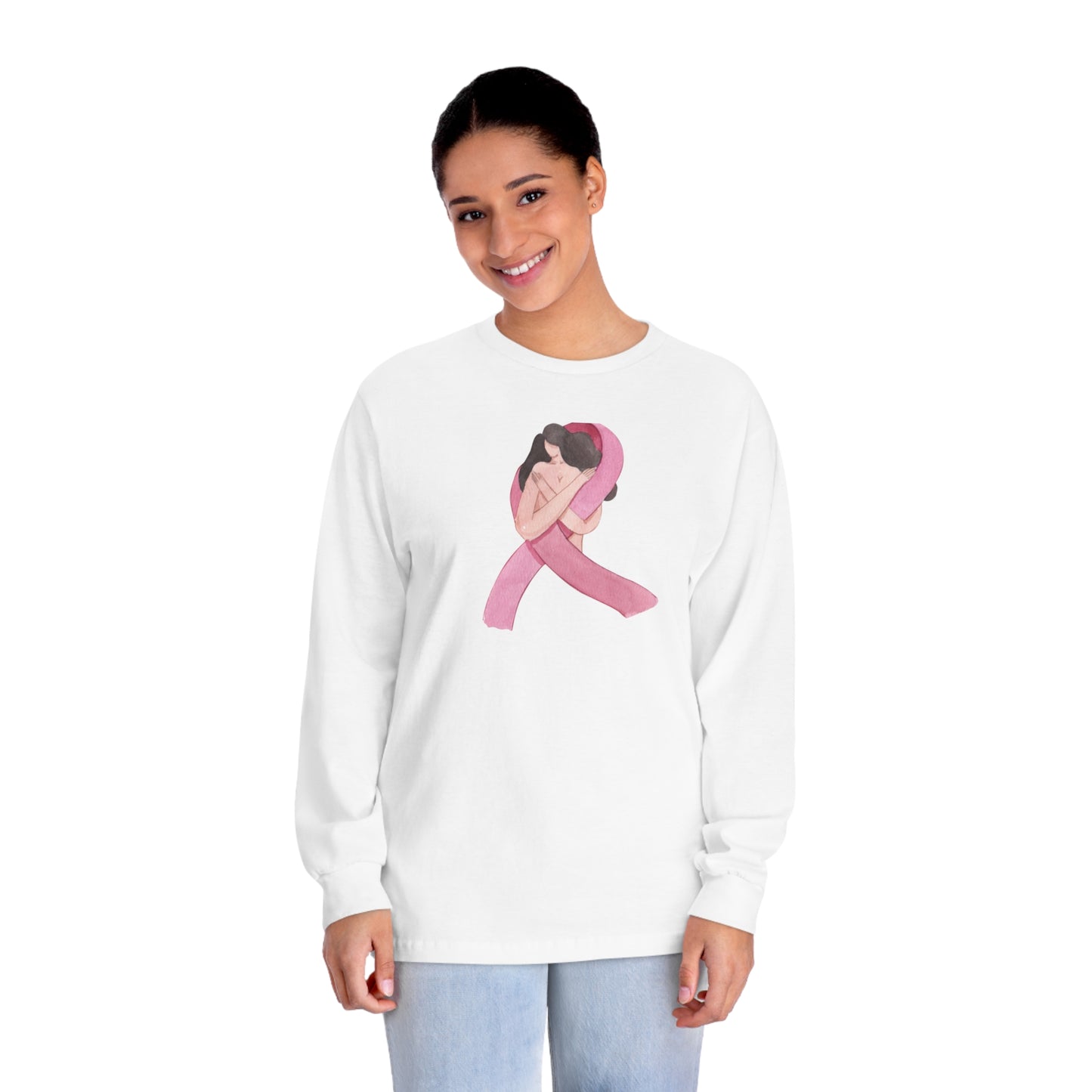 Unisex Classic Long Sleeve T-Shirt Adult Activewear Pink Ribbon with Woman for Breast Cancer Awareness