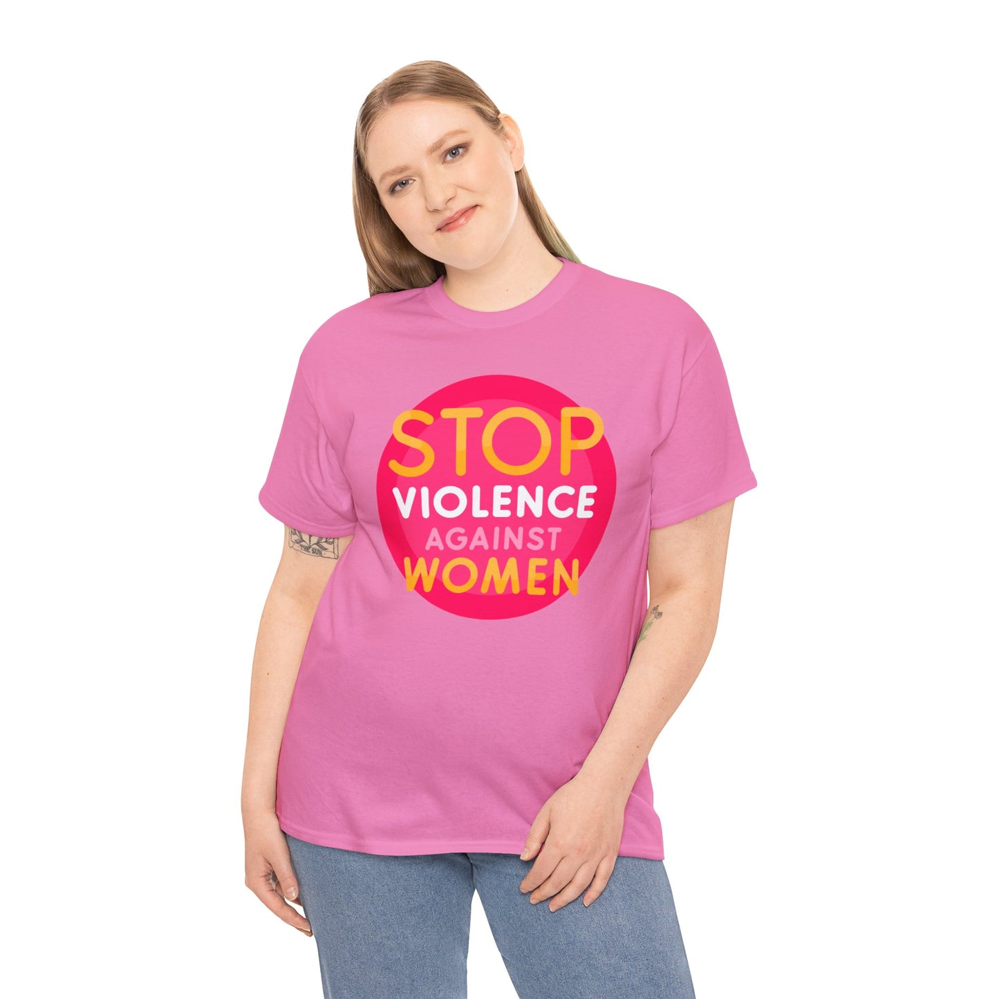 Unisex Heavy Cotton Tee Adult/teen Activewear Stop Violence Against Women Colors Yellow And Pink Writing