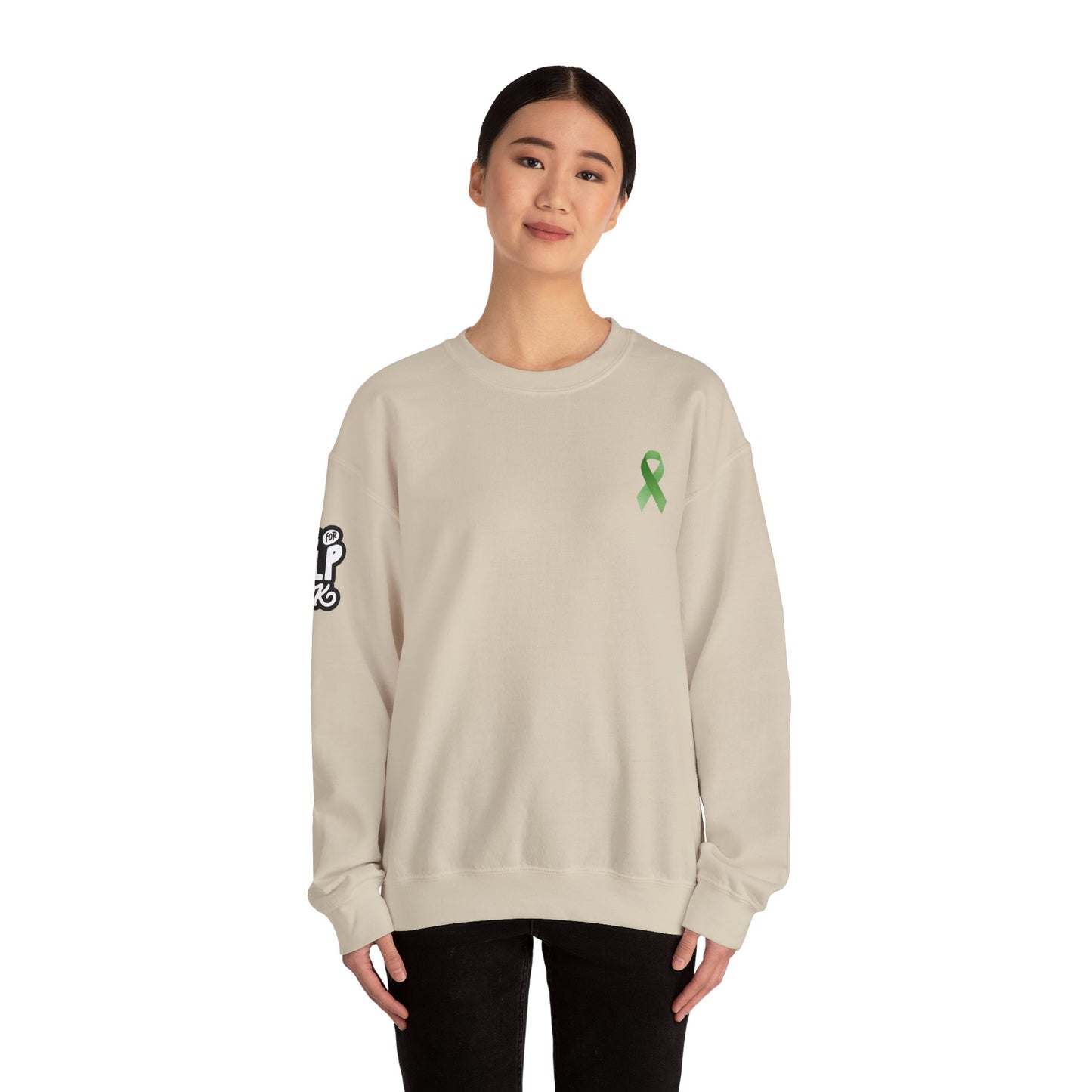 Unisex Heavy Blend™ Crewneck Sweatshirt Adult/Teen Activewear Mental Health Awareness Ribbon on Front Asking for Help Is OK on Right Sleeve