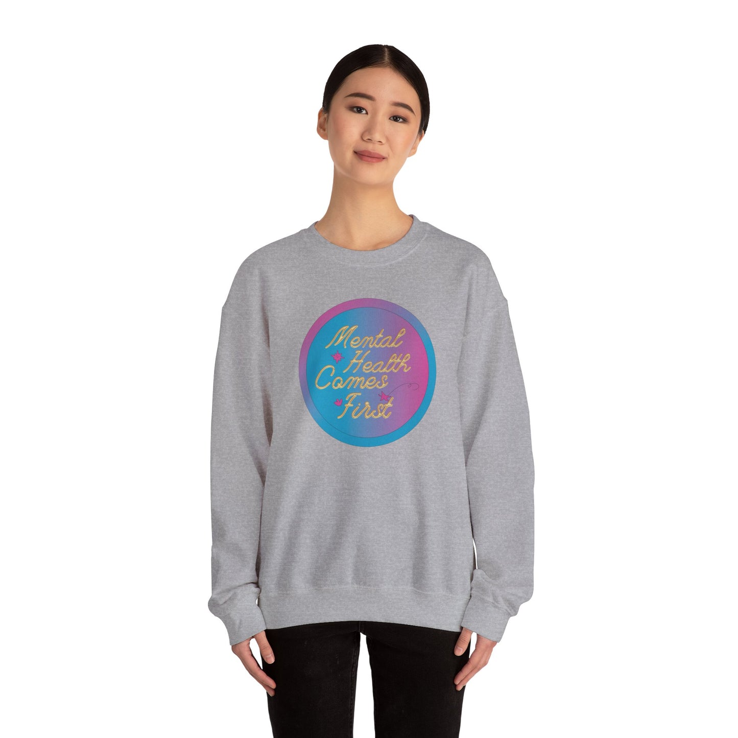 Unisex Heavy Blend™ Crewneck Sweatshirt Adult/Teen Activewear Mental Health Comes First Blue/Pink Circle on Front Gold Writing