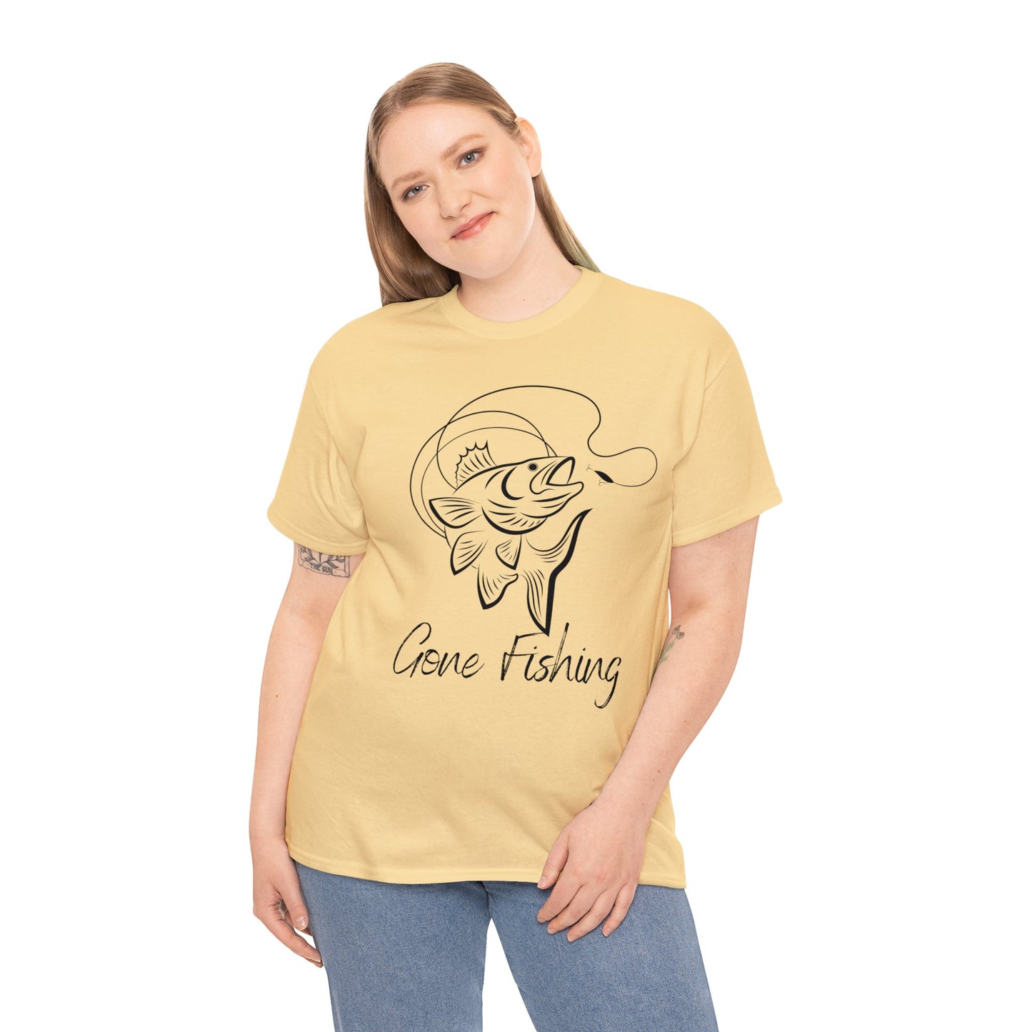 Unisex Heavy Cotton Tee Adult/Teen Gone Fishing w/ Image of Fish in Black Outline T-shirt Comes in Many Colors