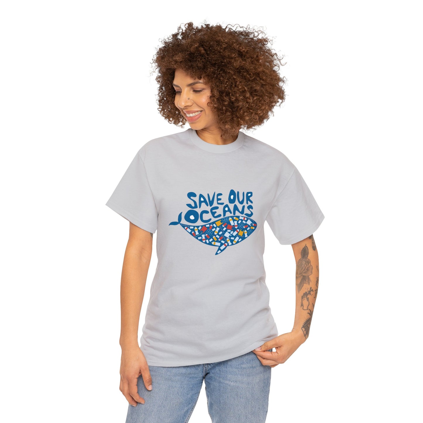 Unisex Heavy Cotton Tee Adult/Teen Activewear Shirt Comes In Many Colors Save Our Oceans Whale in Blue