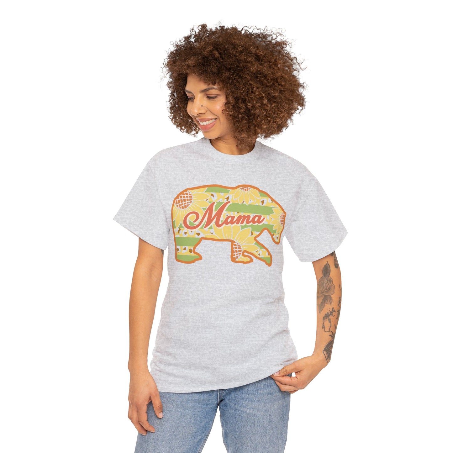 Unisex Heavy Cotton Tee Activewear Adult Mama Bear Many Colors Available Light Yellow Coral Design