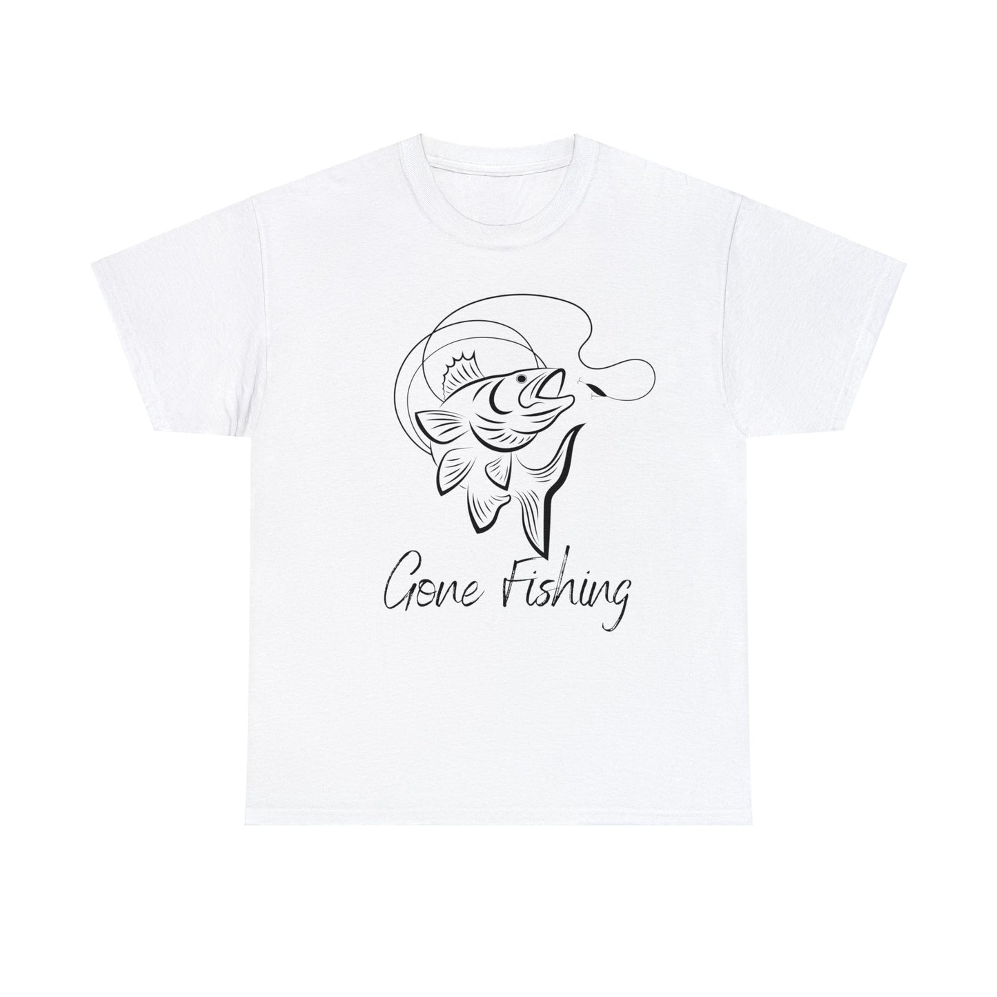 Unisex Heavy Cotton Tee Adult/Teen Gone Fishing w/ Image of Fish in Black Outline T-shirt Comes in Many Colors